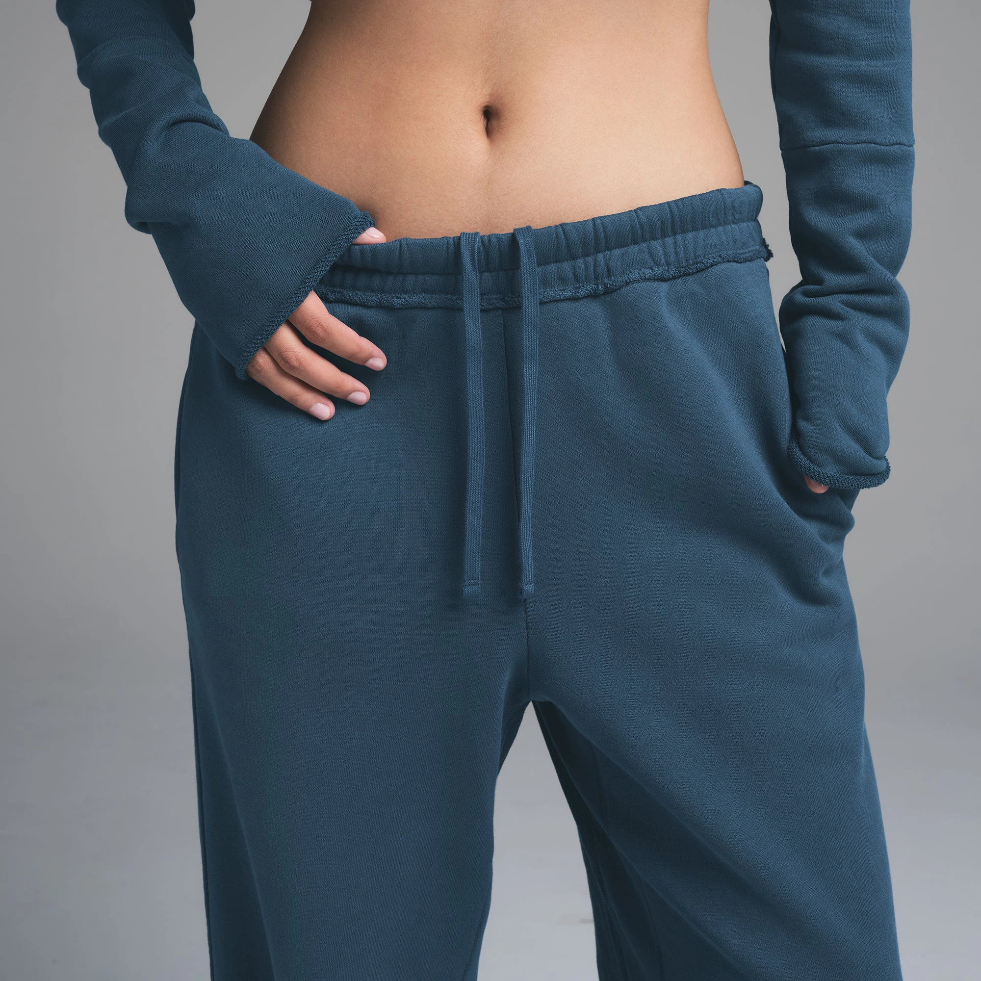 FRENCH TERRY WIDE LEG PANT | INDIGO ON A MODEL FRONT VIEW | FOCUS: 0.0, 1.0, 0.9