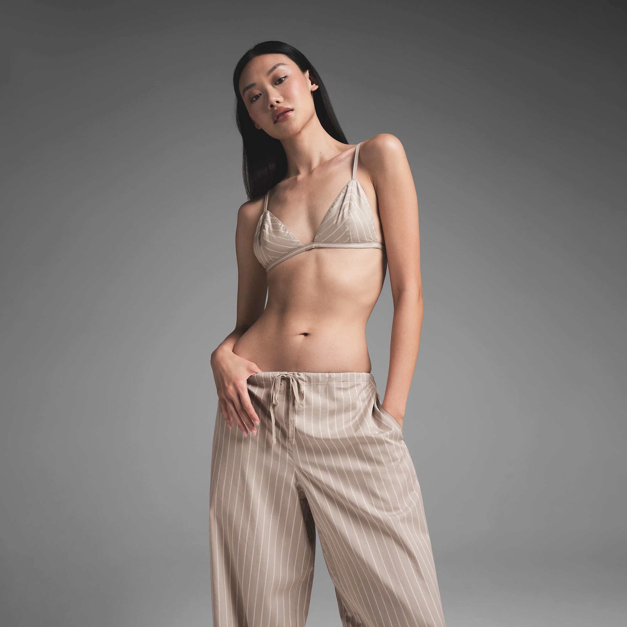 COTTON POPLIN STRAIGHT LEG PANT | STONE STRIPE ON A MODEL FRONT VIEW | FOCUS: 0.0, 1.0, 0.9
