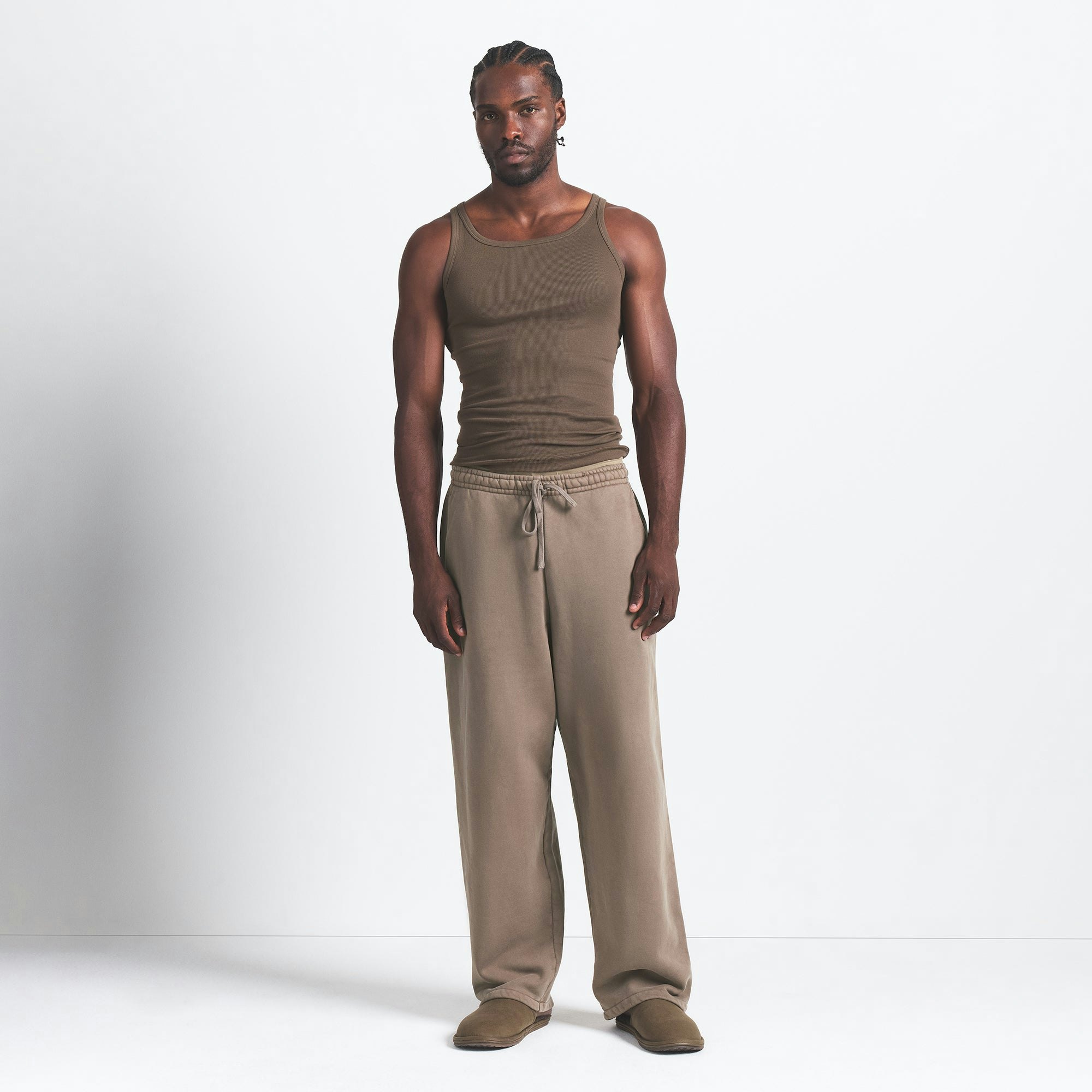 HEAVYWEIGHT FLEECE MENS STRAIGHT LEG PANT | TRUFFLE ON A MODEL FRONT VIEW @ | FOCUS: 0.0, 1.0, 0.9