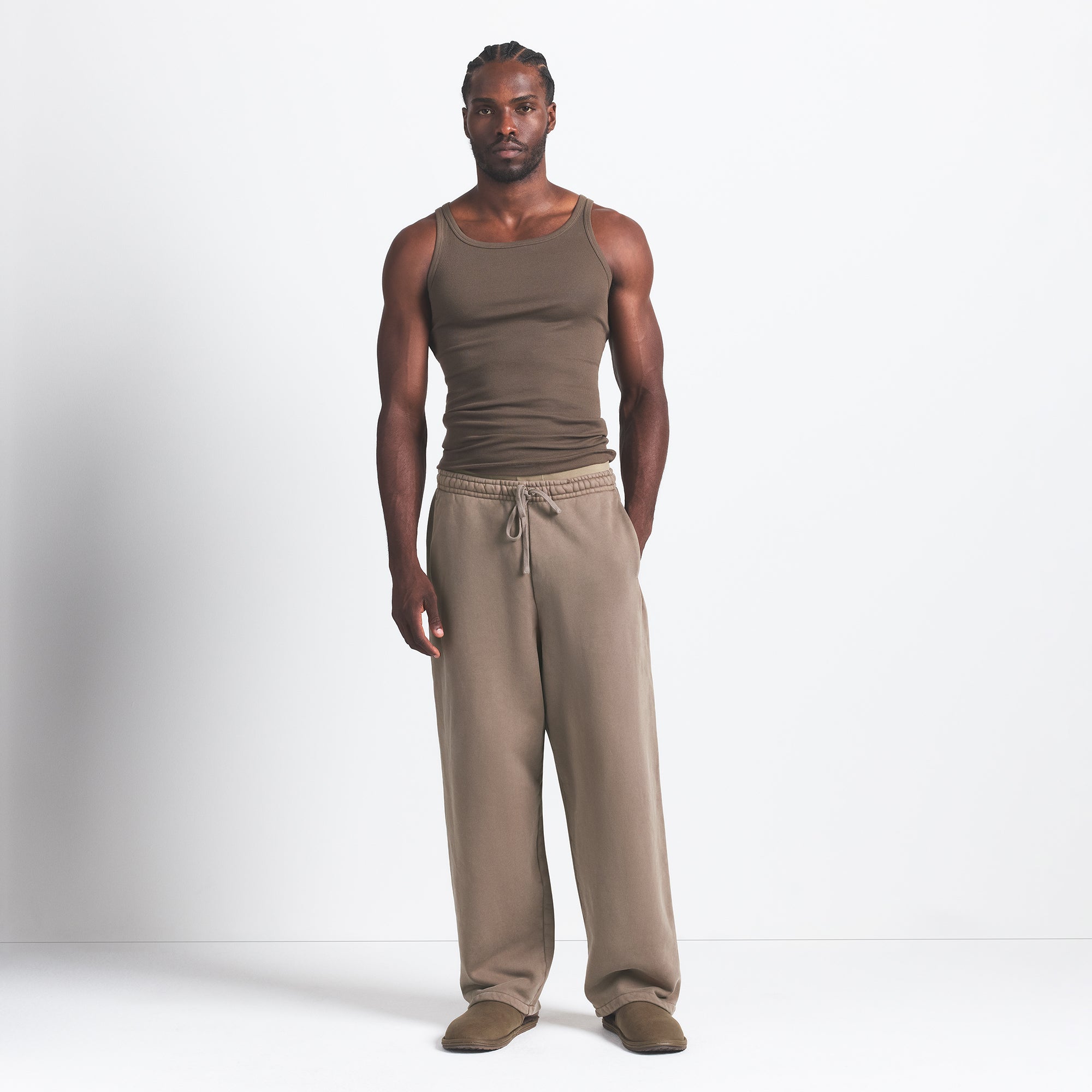HEAVYWEIGHT FLEECE MENS STRAIGHT LEG PANT | TRUFFLE ON A MODEL FRONT VIEW @ | FOCUS: 0.0, 1.0, 0.9