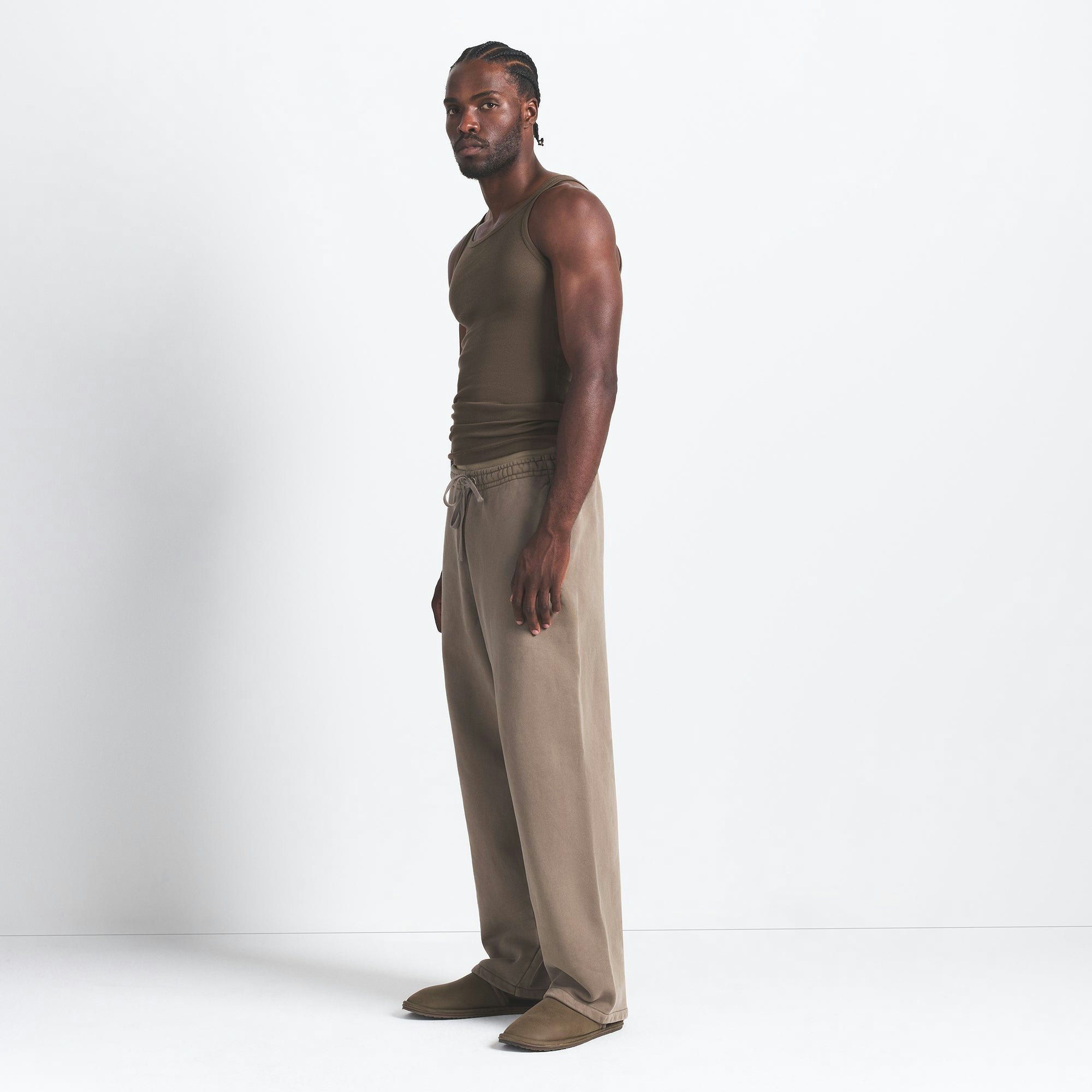 HEAVYWEIGHT FLEECE MENS STRAIGHT LEG PANT | TRUFFLE ON A MODEL SIDE VIEW @ | FOCUS: 0.0, 1.0, 0.9
