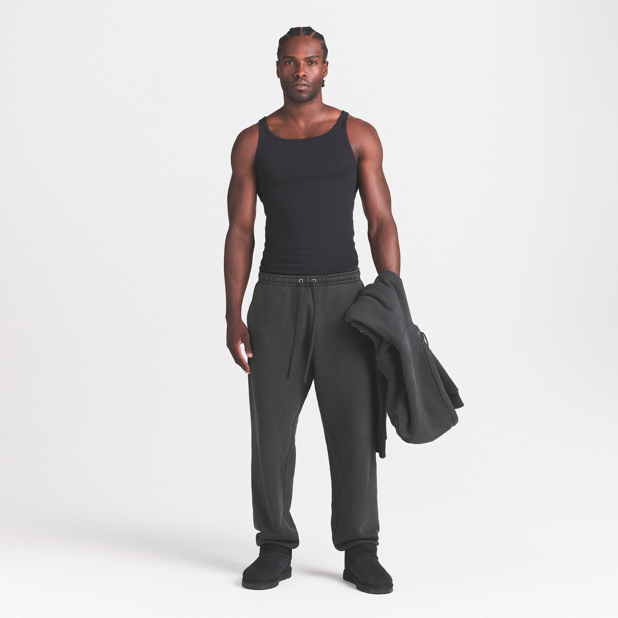 HEAVYWEIGHT FLEECE MENS STRAIGHT LEG PANT | ONYX & LAYS FLAT ON A WHITE BACKGROUND | FLT @ | FOCUS: 0.0, 1.0, 0.9