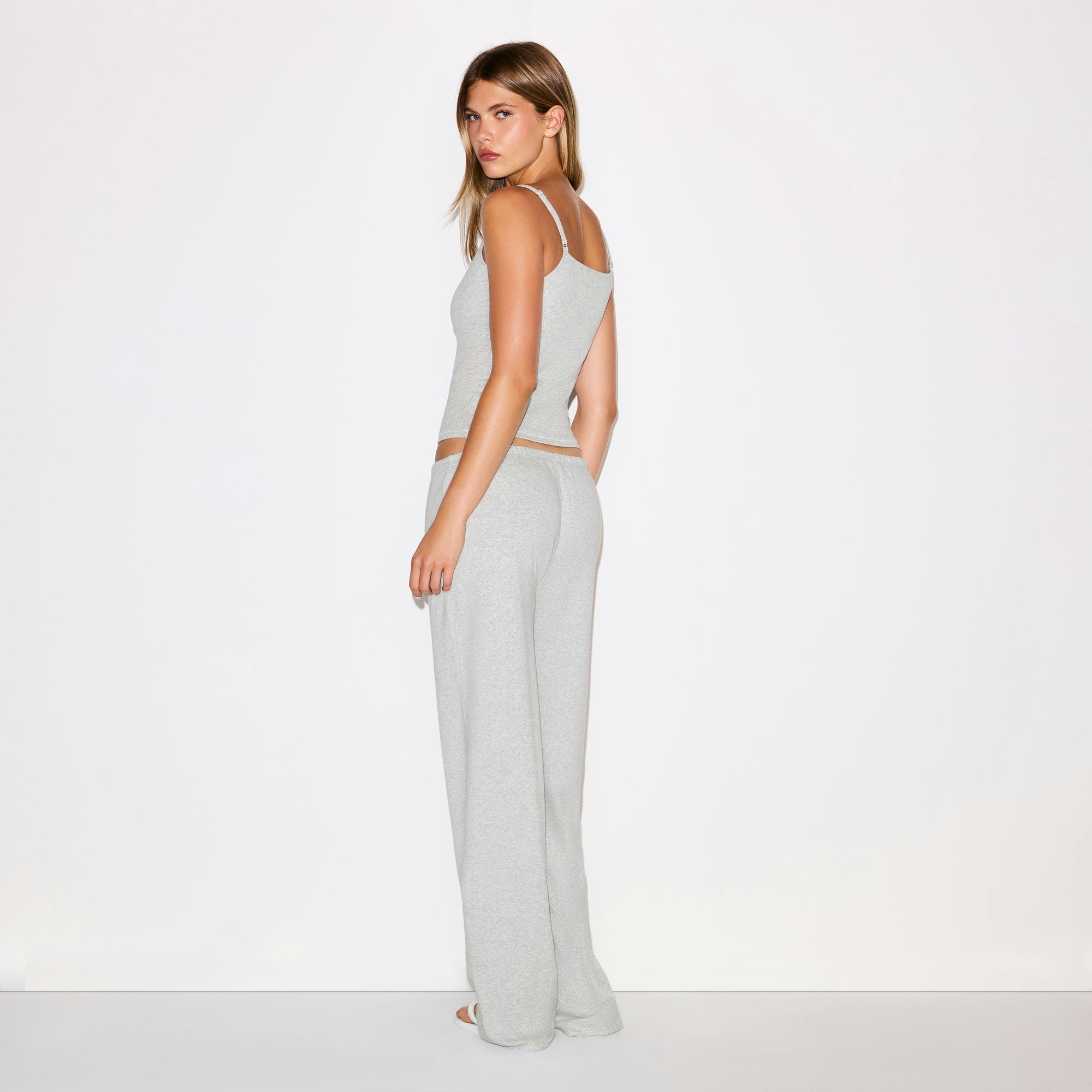 HEAVY POINTELLE STRAIGHT LEG PANT | LIGHT HEATHER GREY ON A MODEL FRONT VIEW @ | FOCUS: 0.0, 1.0, 0.9