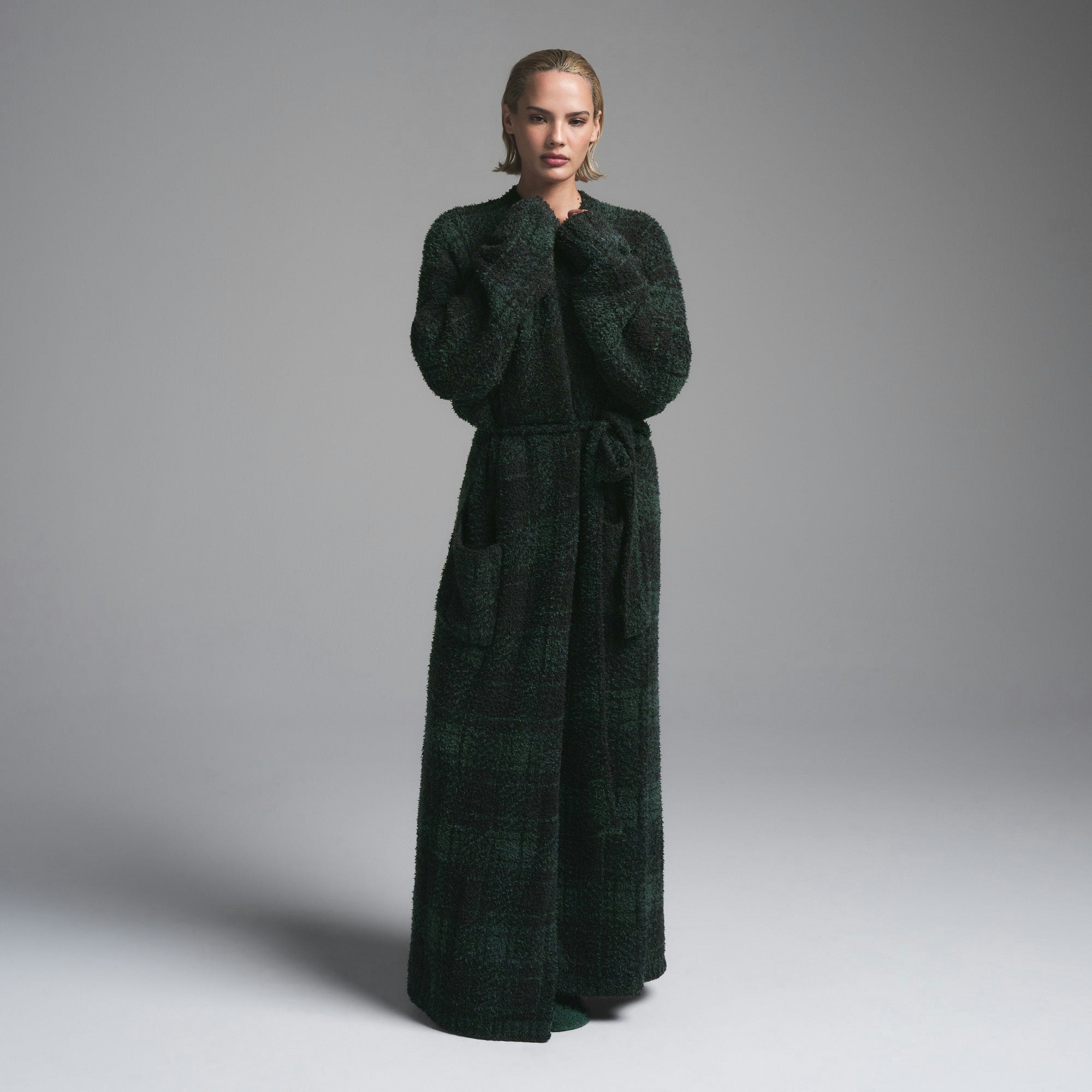 COZY KNIT UNISEX ROBE | CYPRESS PLAID ON A MODEL FRONT VIEW