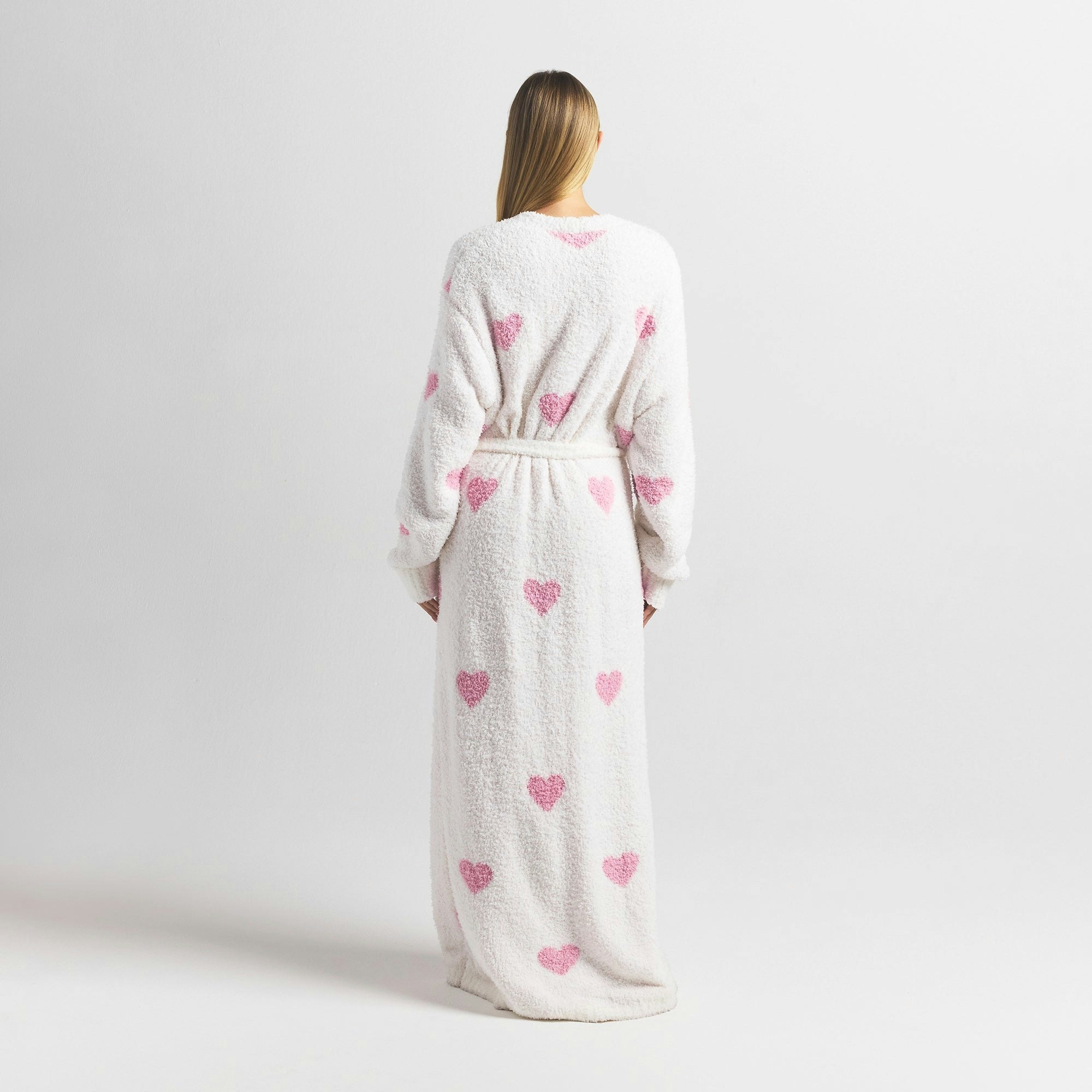 COZY KNIT UNISEX ROBE | IVORY SPACED HEARTS ON A MODEL BACK VIEW @ | FOCUS: 0.0, 1.0, 0.9
