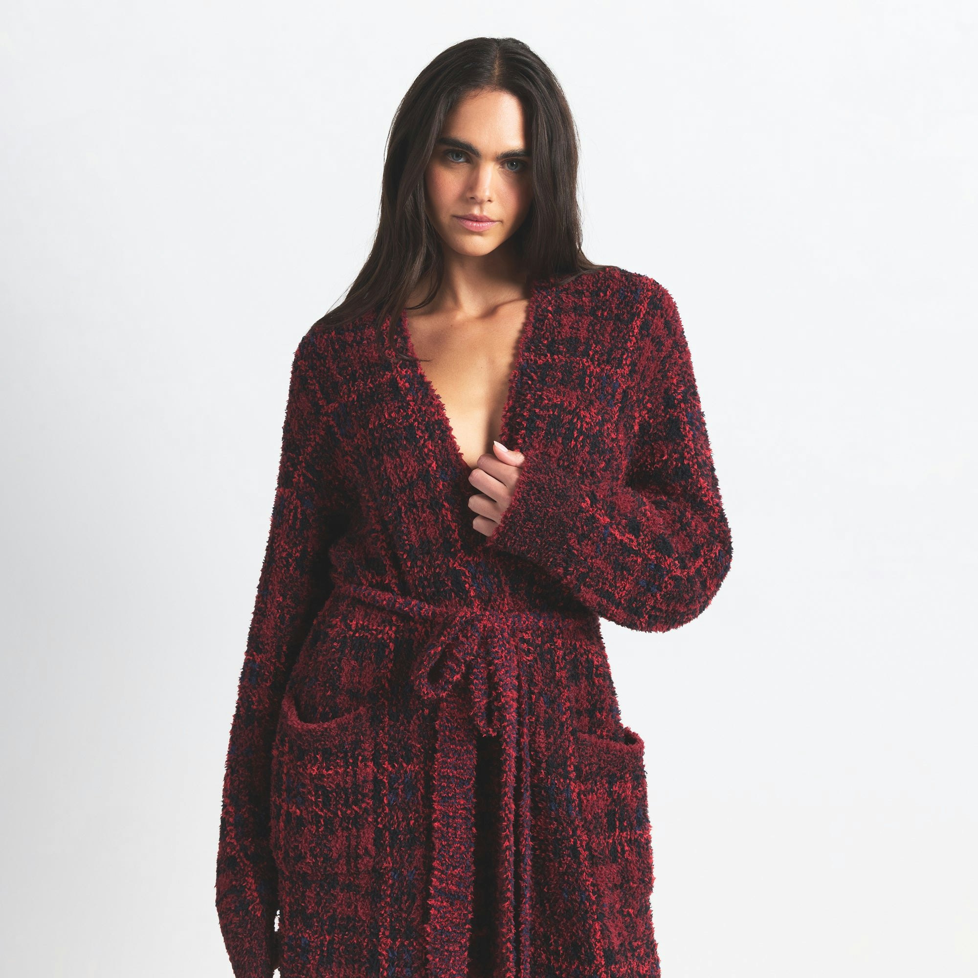 COZY KNIT UNISEX ROBE | MERLOT NAVY PLAID ON A MODEL SIDE VIEW @ | FOCUS: 0.0, 1.0, 0.9