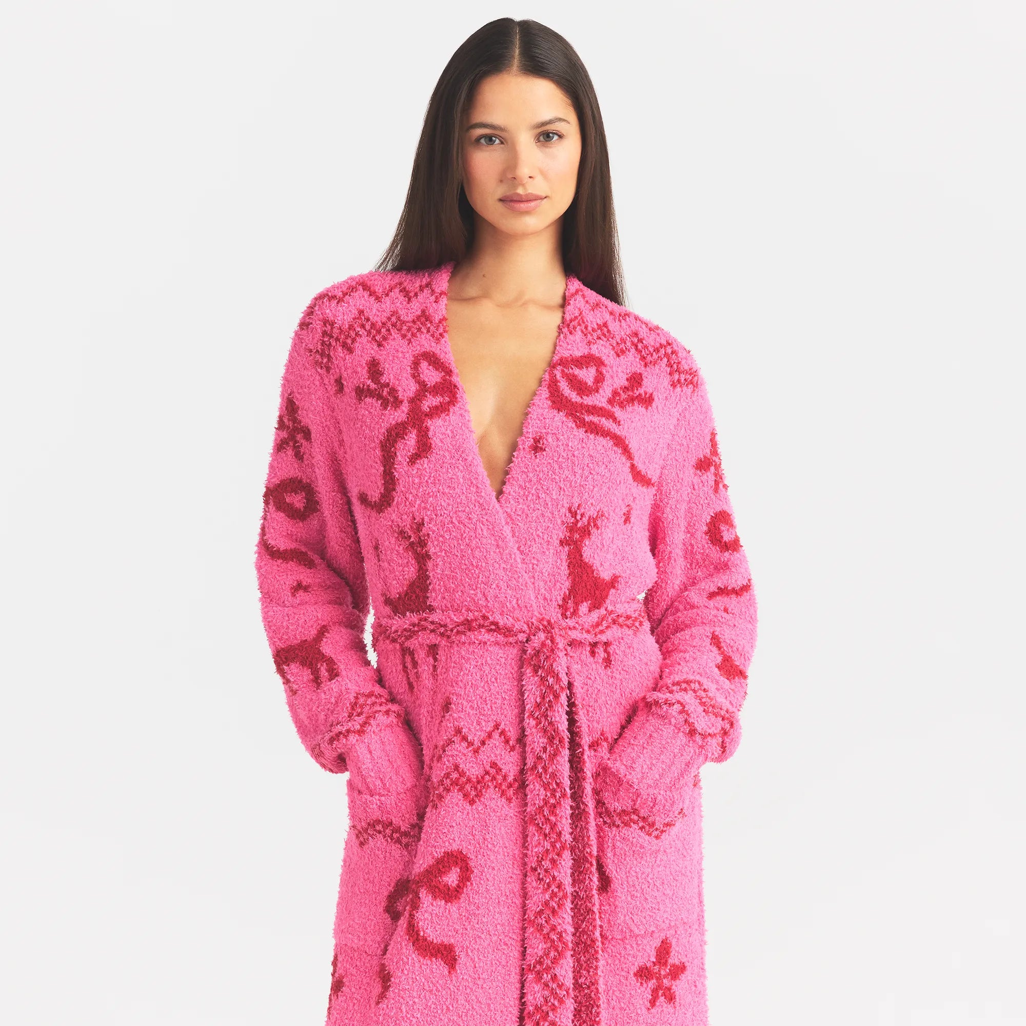 COZY KNIT UNISEX ROBE | PINK BRICK ELK RIBBON ON A MODEL FRONT VIEW @ | FOCUS: 0.0, 1.0, 0.9