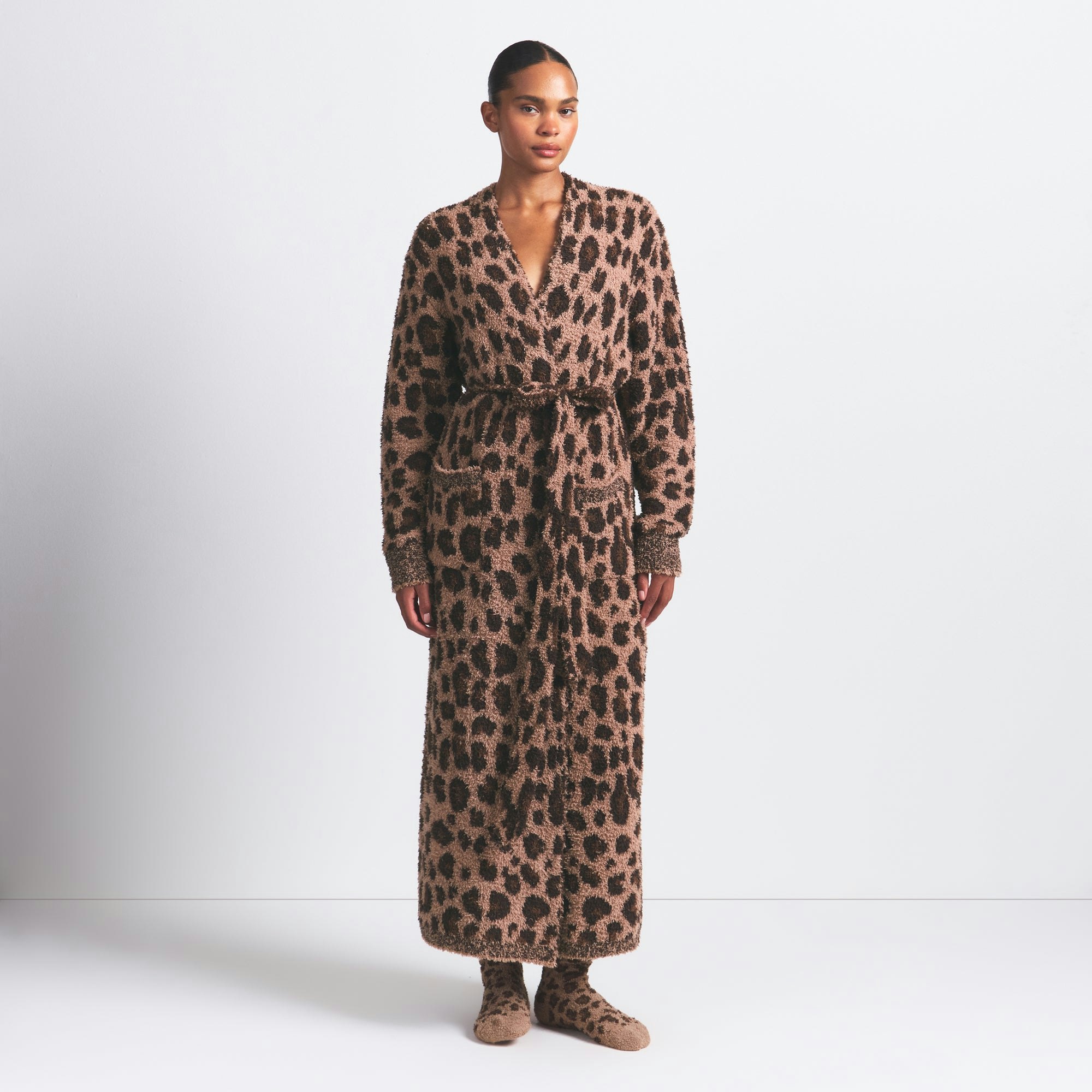 COZY KNIT UNISEX ROBE | SIENNA LEOPARD PRINT ON A MODEL FRONT VIEW @ | FOCUS: 0.0, 1.0, 0.9