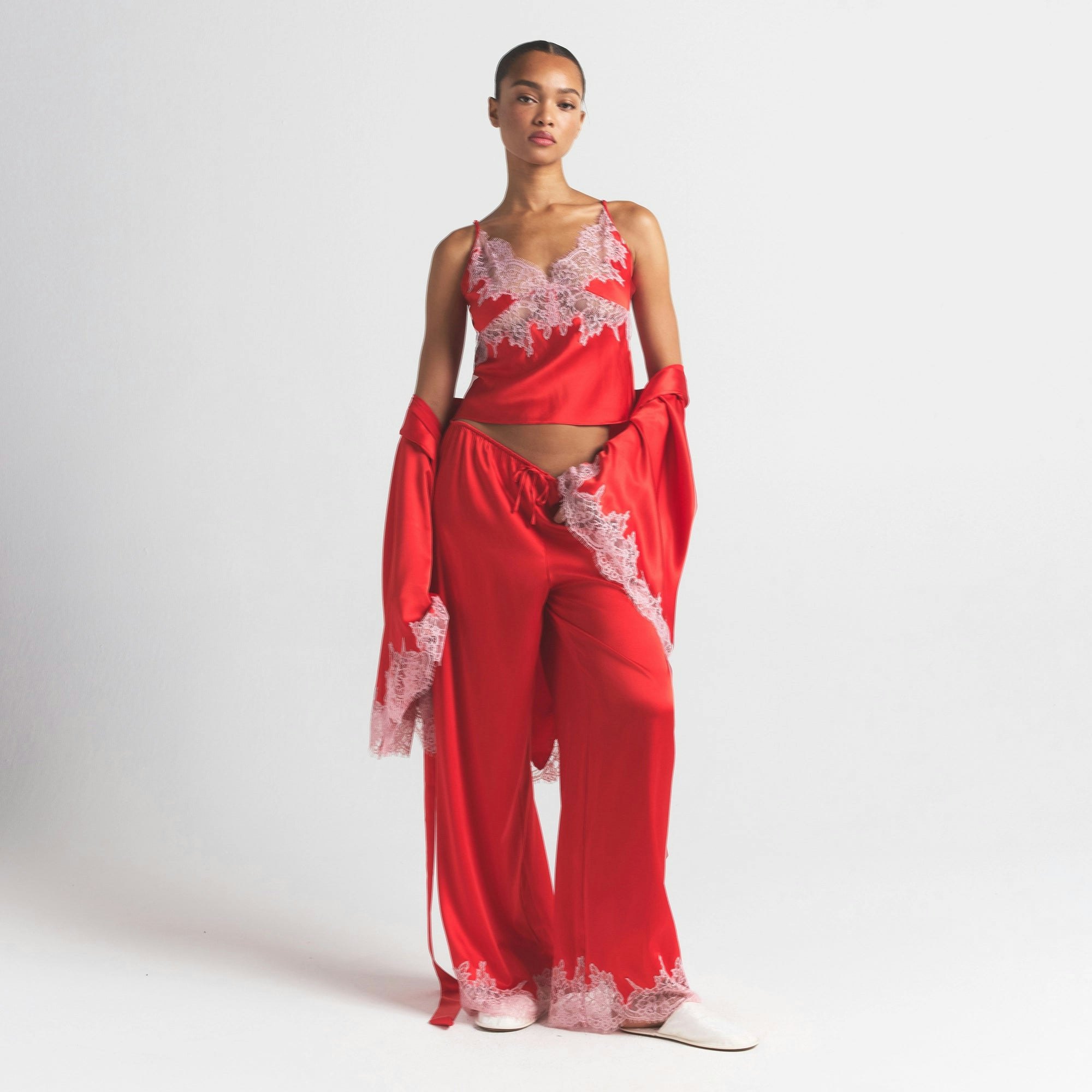 SILK LACE ROBE | RUBY CONTRAST ON A MODEL FRONT VIEW @ | FOCUS: 0.0, 1.0, 0.9