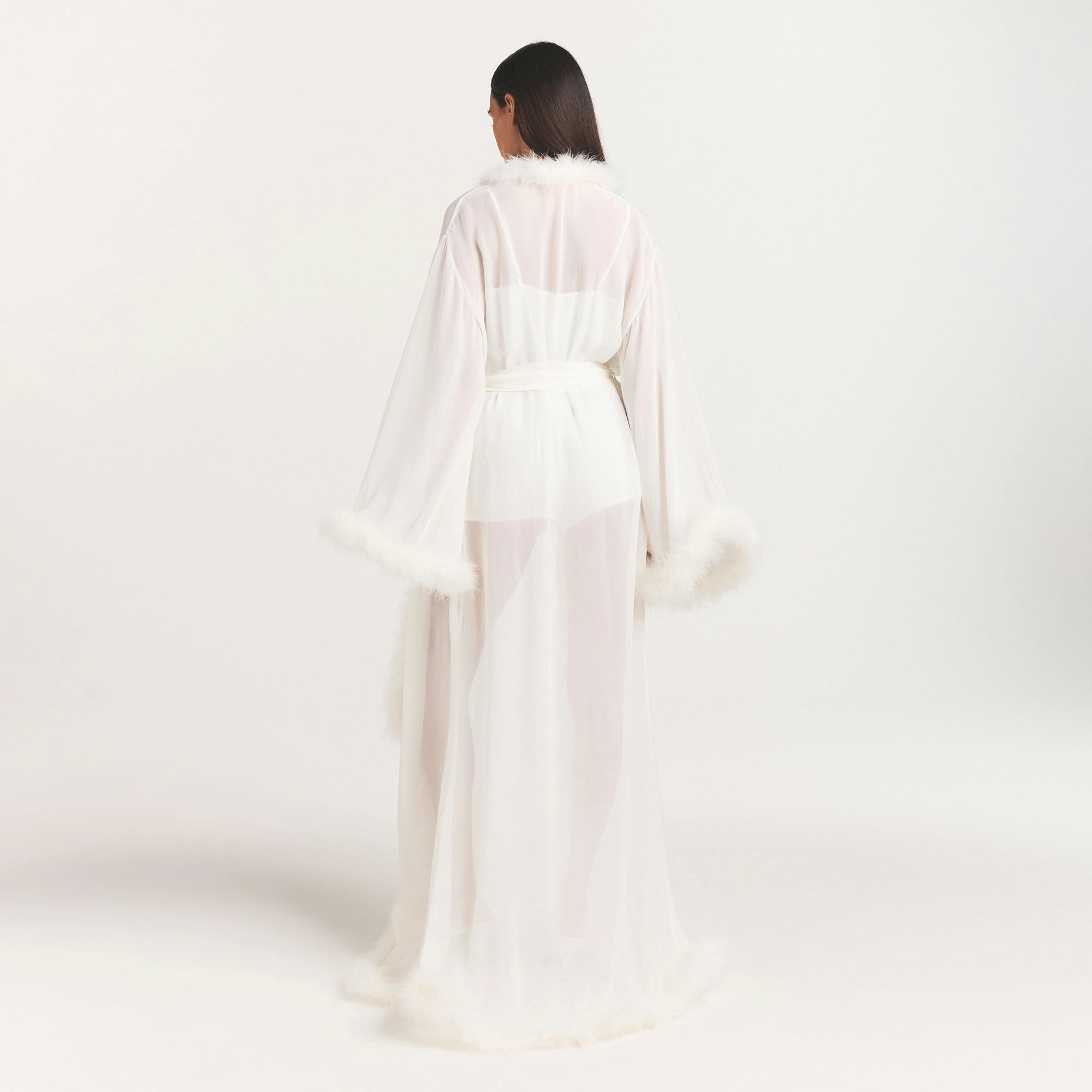 BRIDAL SLEEP FEATHER TRIM LONG ROBE | IVORY ON A MODEL FRONT VIEW @ | FOCUS: 0.0, 1.0, 0.9