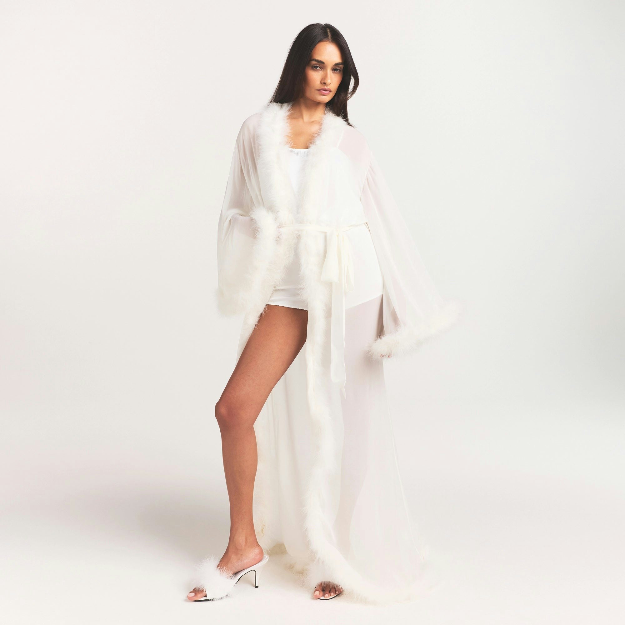 BRIDAL SLEEP FEATHER TRIM LONG ROBE | IVORY ON A MODEL FRONT VIEW @ | FOCUS: 0.0, 1.0, 0.9