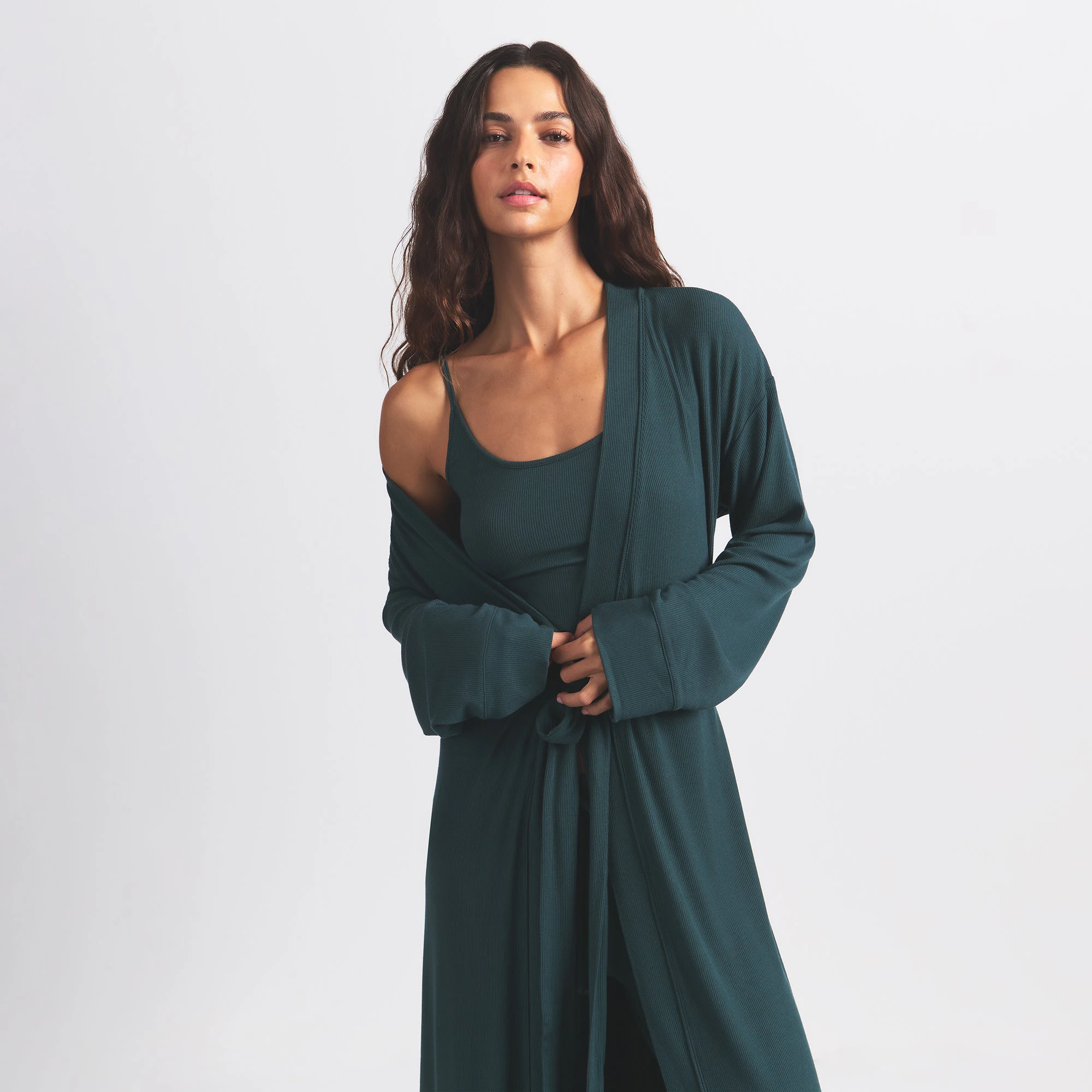 SOFT LOUNGE LONG ROBE | CYPRESS ON A MODEL FRONT VIEW @ | FOCUS: 0.0, 1.0, 0.9