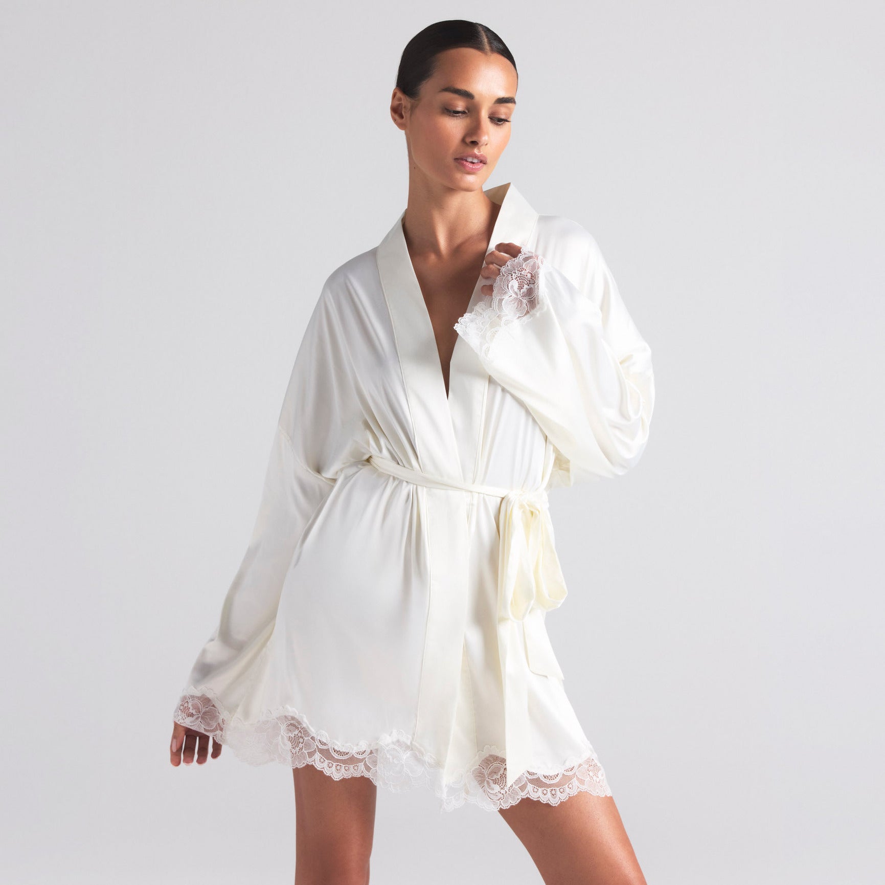 WOVEN SHINE LACE ROBE | IVORY ON A MODEL SIDE  ON A MODEL FRONT VIEW | FOCUS: 0.0, 1.0, 0.9