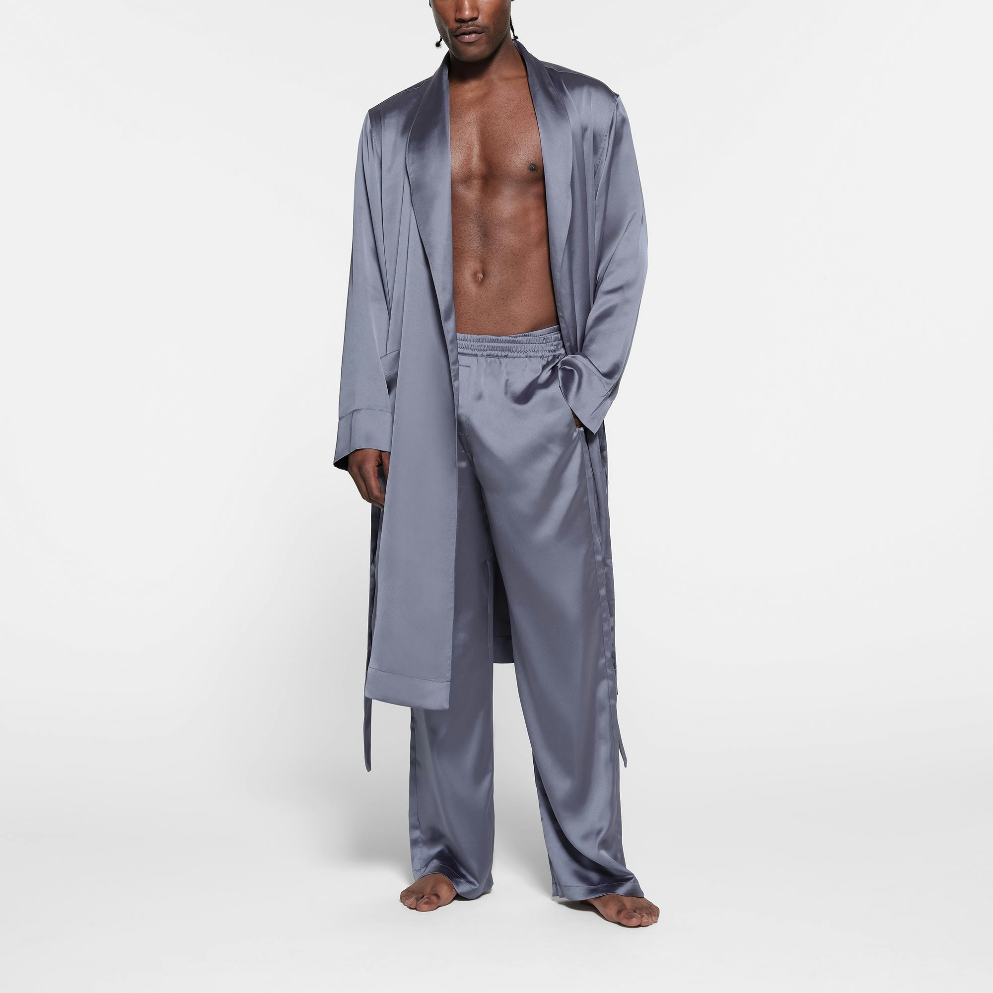 SATEEN SLEEP MENS ROBE | SLATE ON A MODEL FRONT VIEW