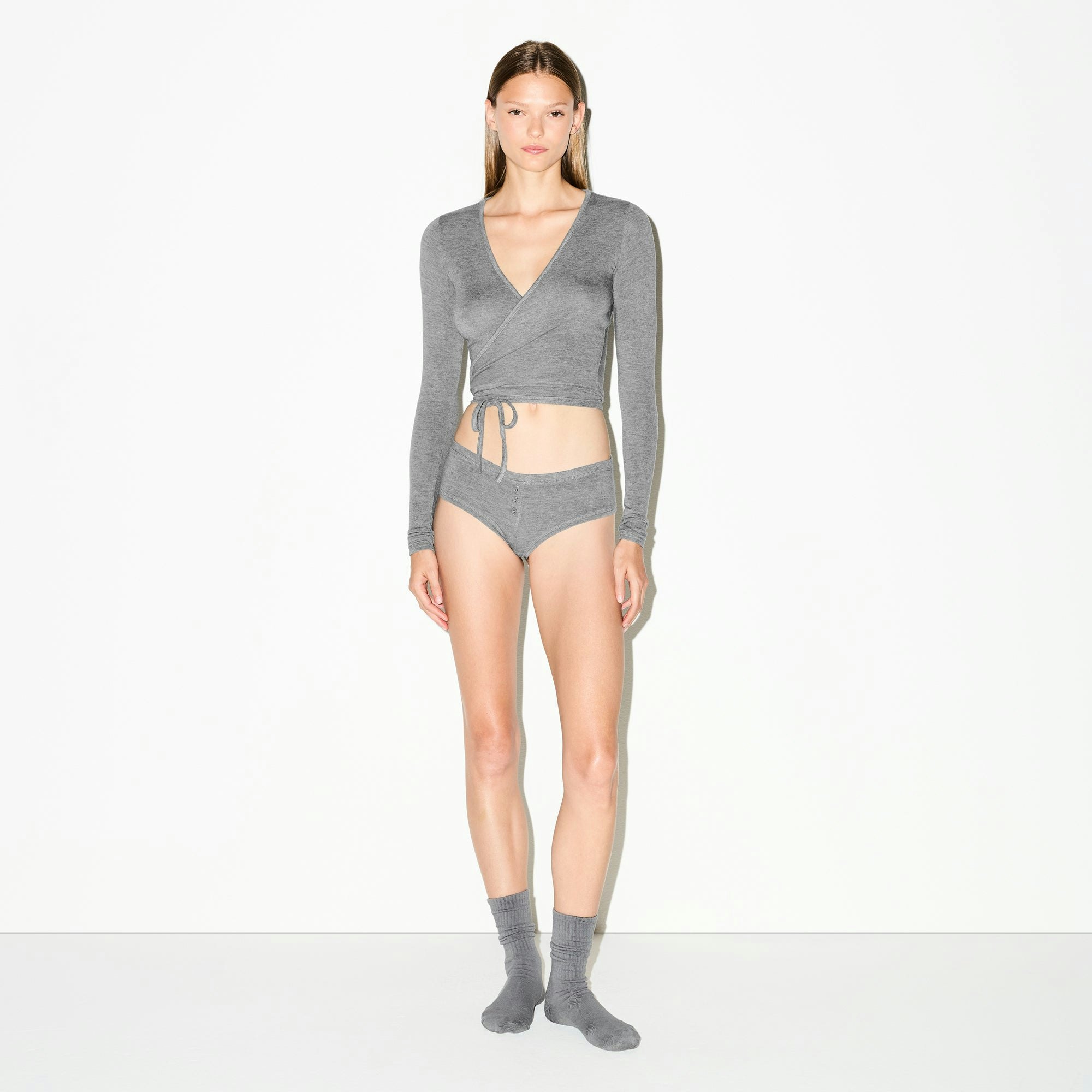 LIGHTWEIGHT MODAL BRIEF | DARK HEATHER GREY ON A MODEL FRONT VIEW @ | FOCUS: 0.0, 1.0, 0.9
