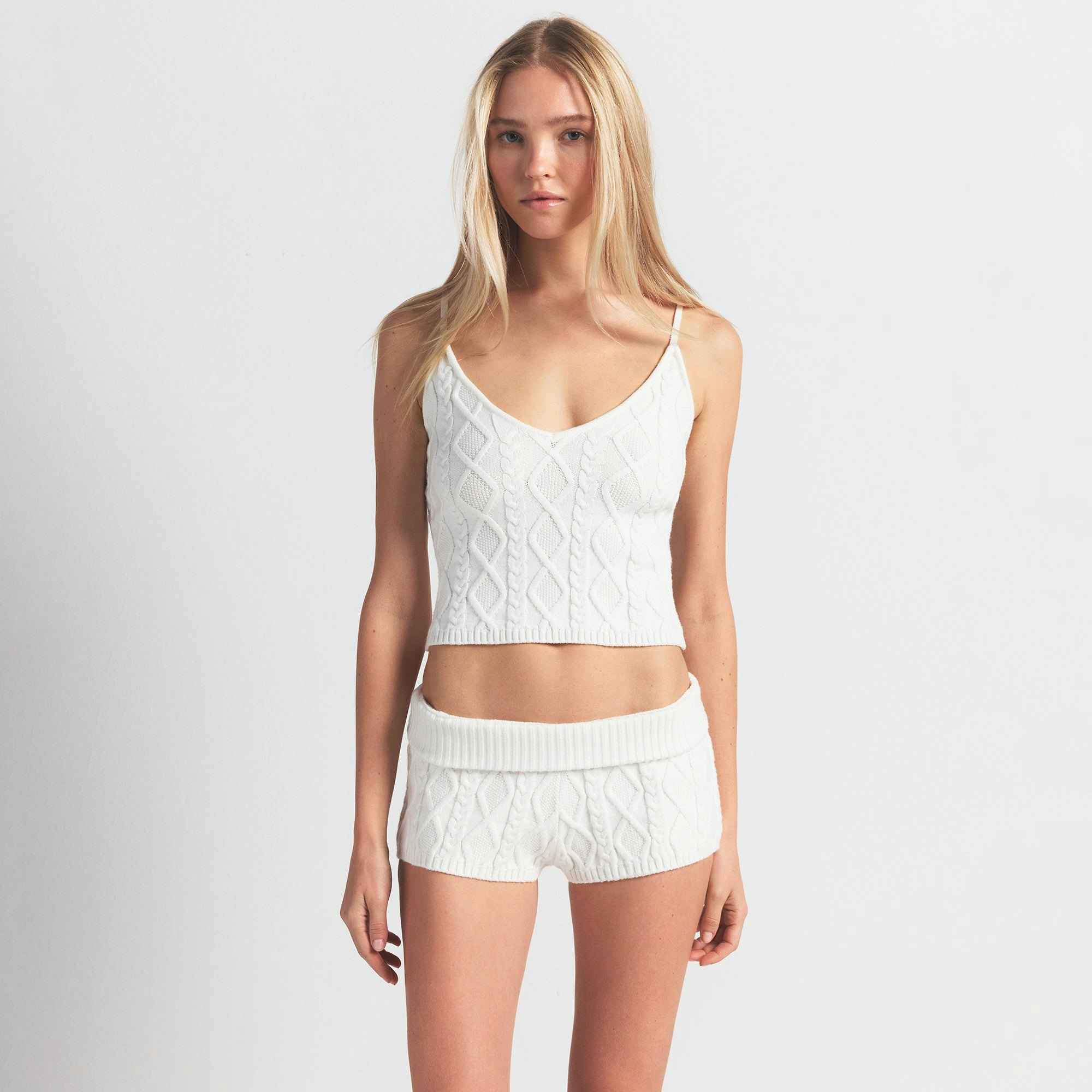 SWEATER KNIT SHORT | IVORY ON A MODEL FRONT VIEW @ | FOCUS: 0.0, 1.0, 0.9