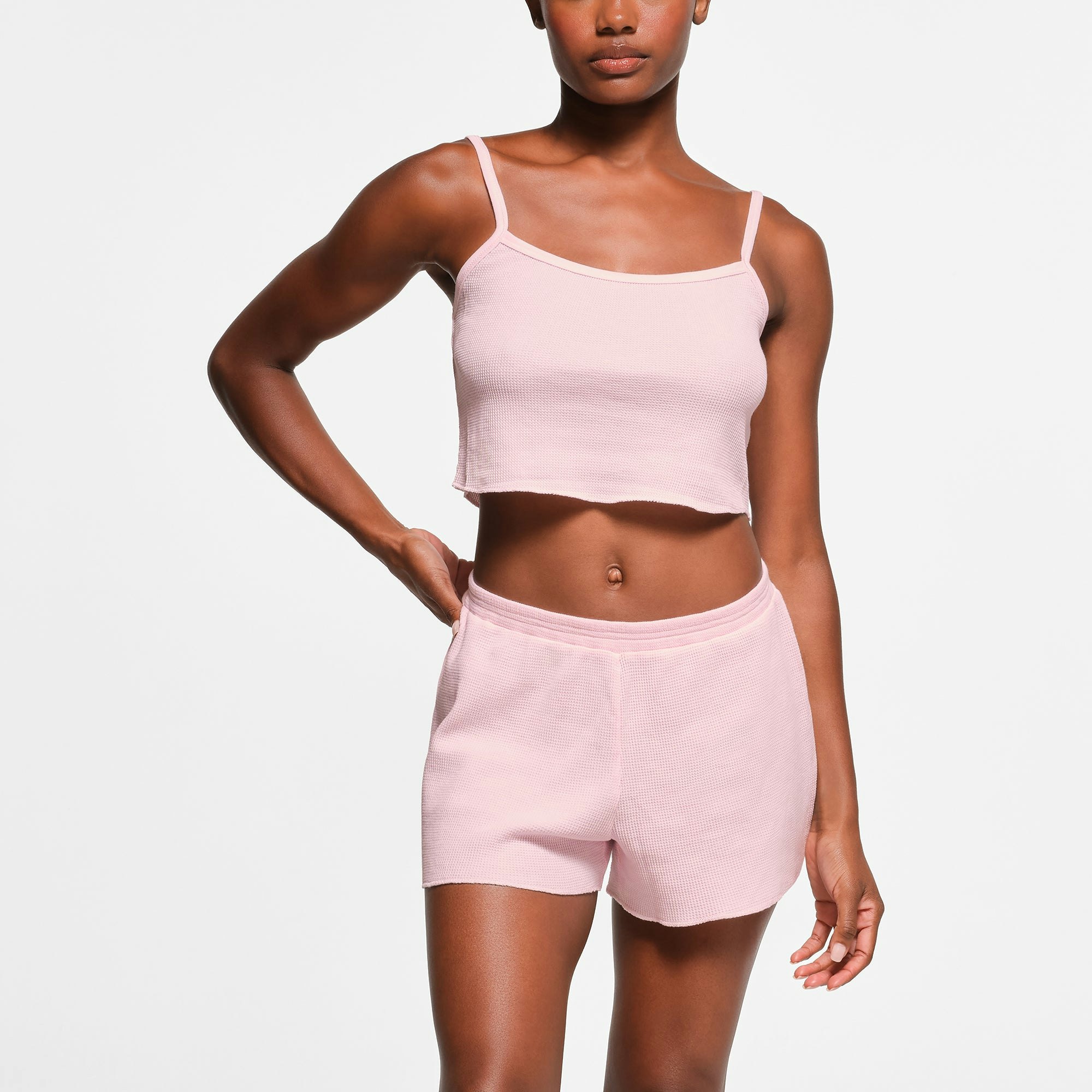 WAFFLE SHORT | CHERRY BLOSSOM ON A MODEL SIDE VIEW