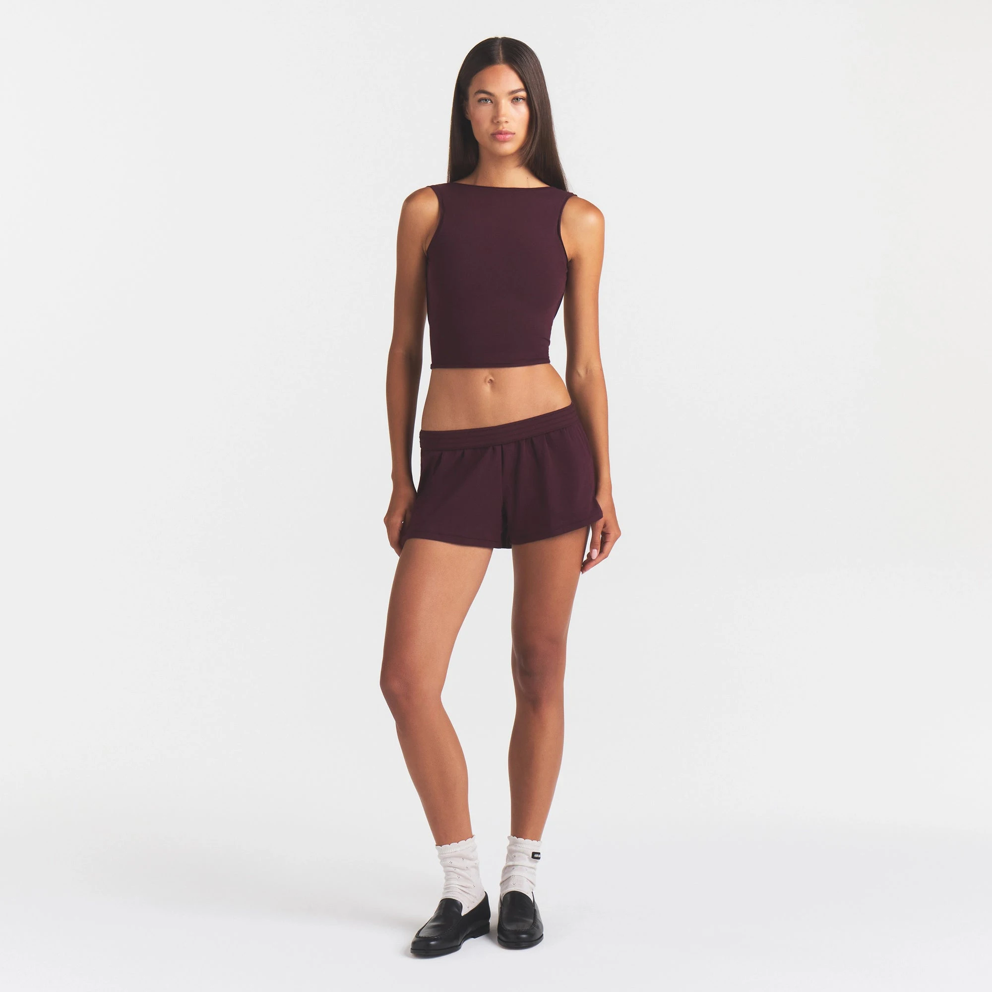 COTTON JERSEY TIE BACK TANK | CURRANT & LAYS FLAT ON A WHITE BACKGROUND | FLT @ | FOCUS: 0.0, 1.0, 0.9