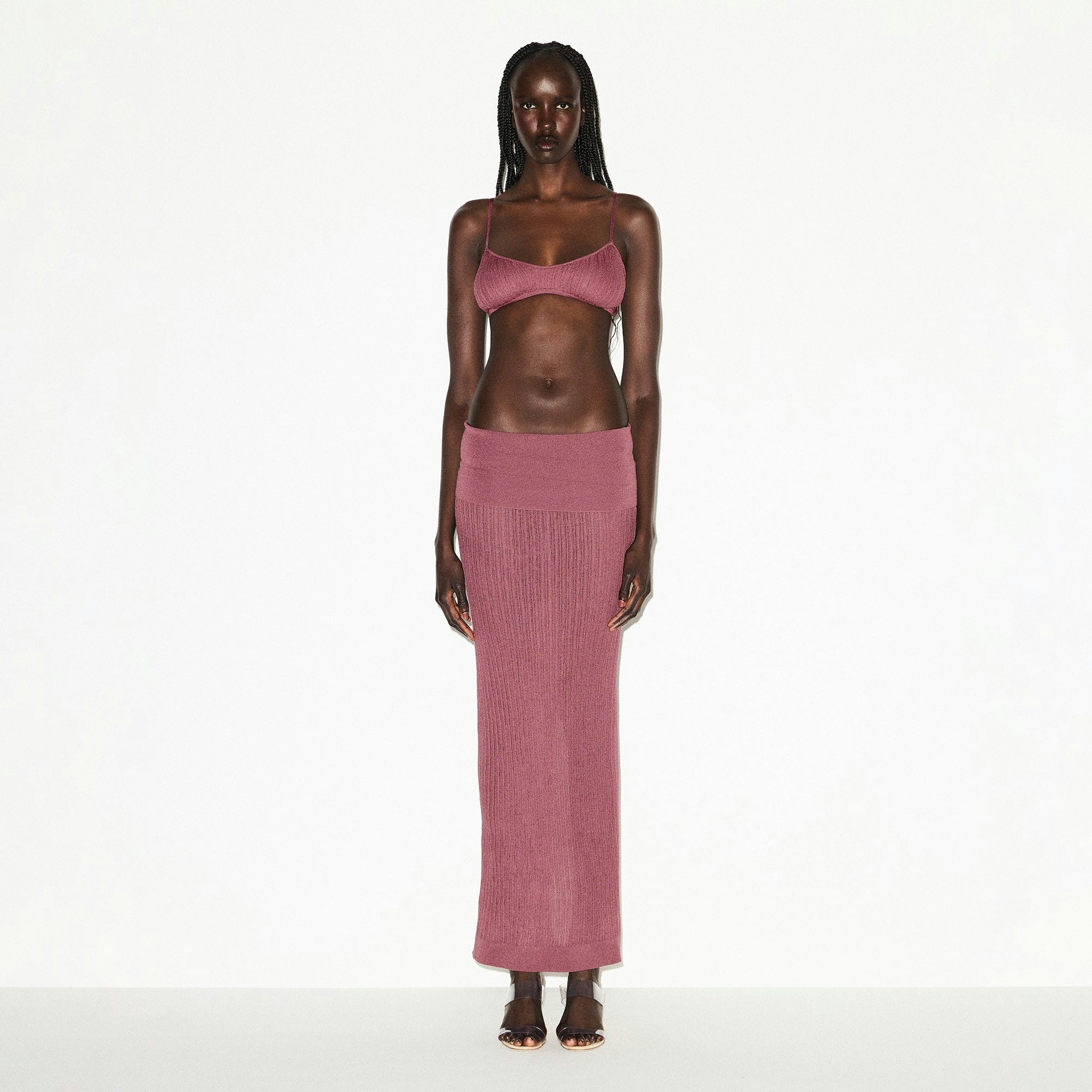 SHEER KNIT FOLDOVER LONG SKIRT | BEET ON A MODEL FRONT VIEW @ | FOCUS: 0.0, 1.0, 0.9