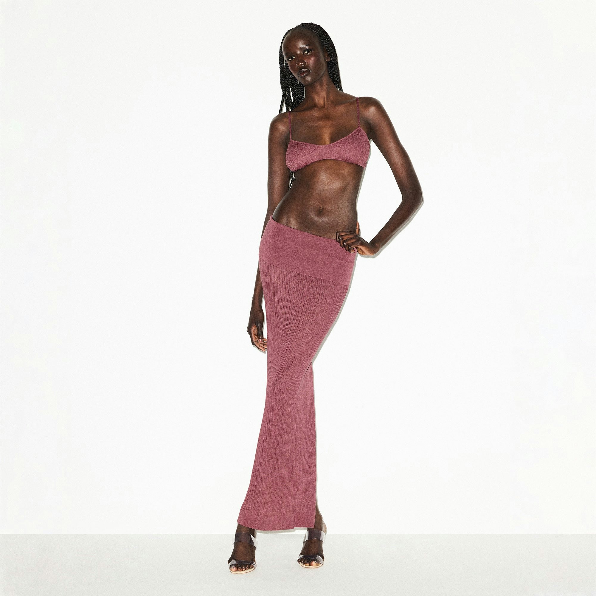 SHEER KNIT FOLDOVER LONG SKIRT | BEET ON A MODEL FRONT VIEW @ | FOCUS: 0.0, 1.0, 0.9