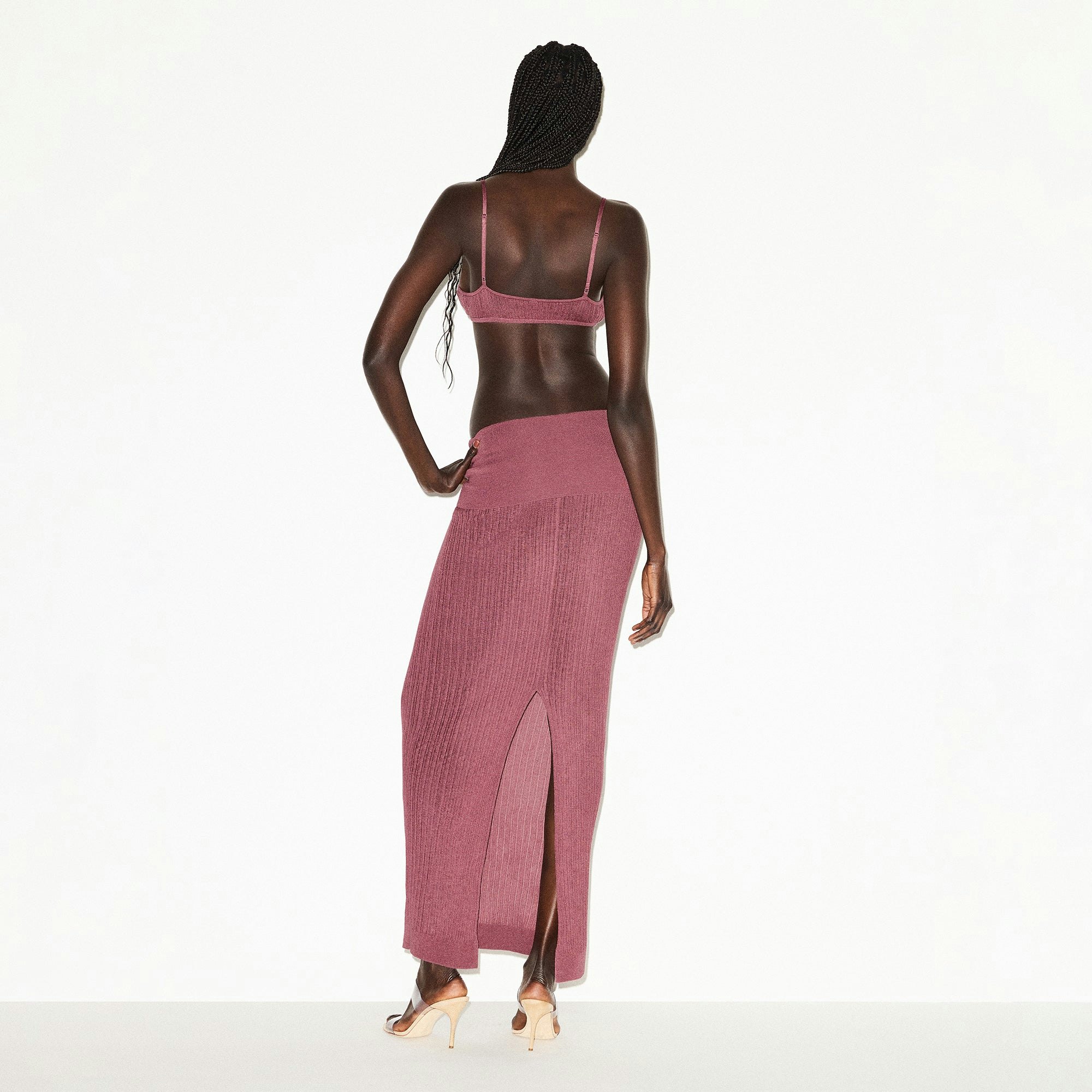 SHEER KNIT FOLDOVER LONG SKIRT | BEET ON A MODEL BACK VIEW @ | FOCUS: 0.0, 1.0, 0.9