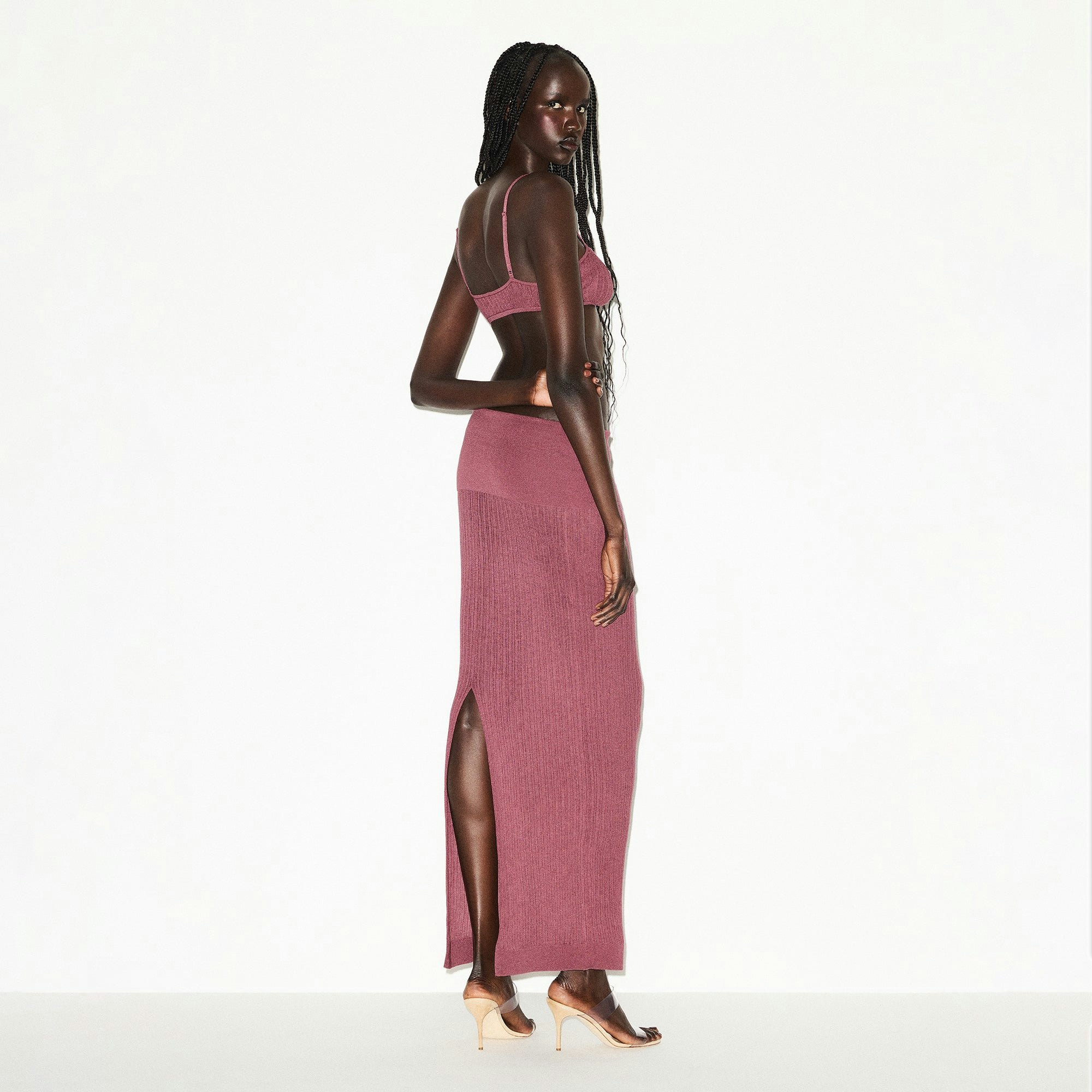 SHEER KNIT FOLDOVER LONG SKIRT | BEET ON A MODEL SIDE VIEW @ | FOCUS: 0.0, 1.0, 0.9