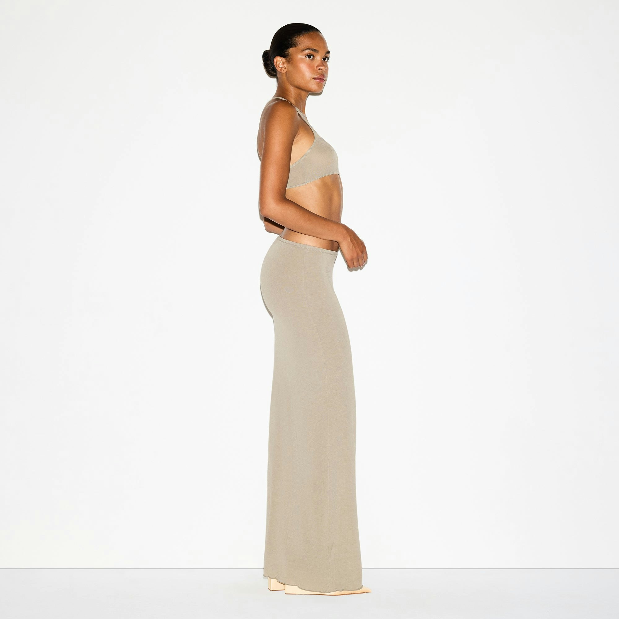 SHEER MODAL LONG SKIRT | DUNE ON A MODEL FRONT VIEW @ | FOCUS: 0.0, 1.0, 0.9
