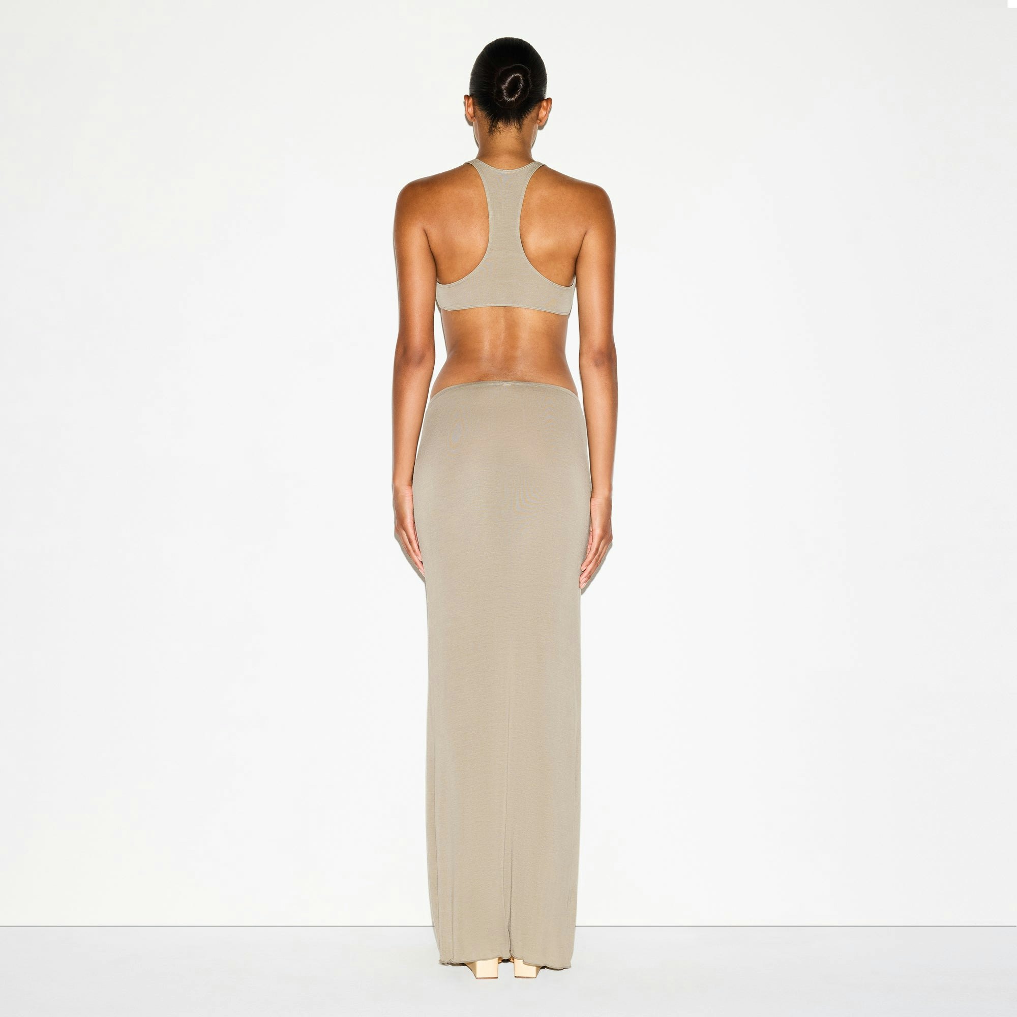SHEER MODAL LONG SKIRT | DUNE ON A MODEL FRONT VIEW @ | FOCUS: 0.0, 1.0, 0.9