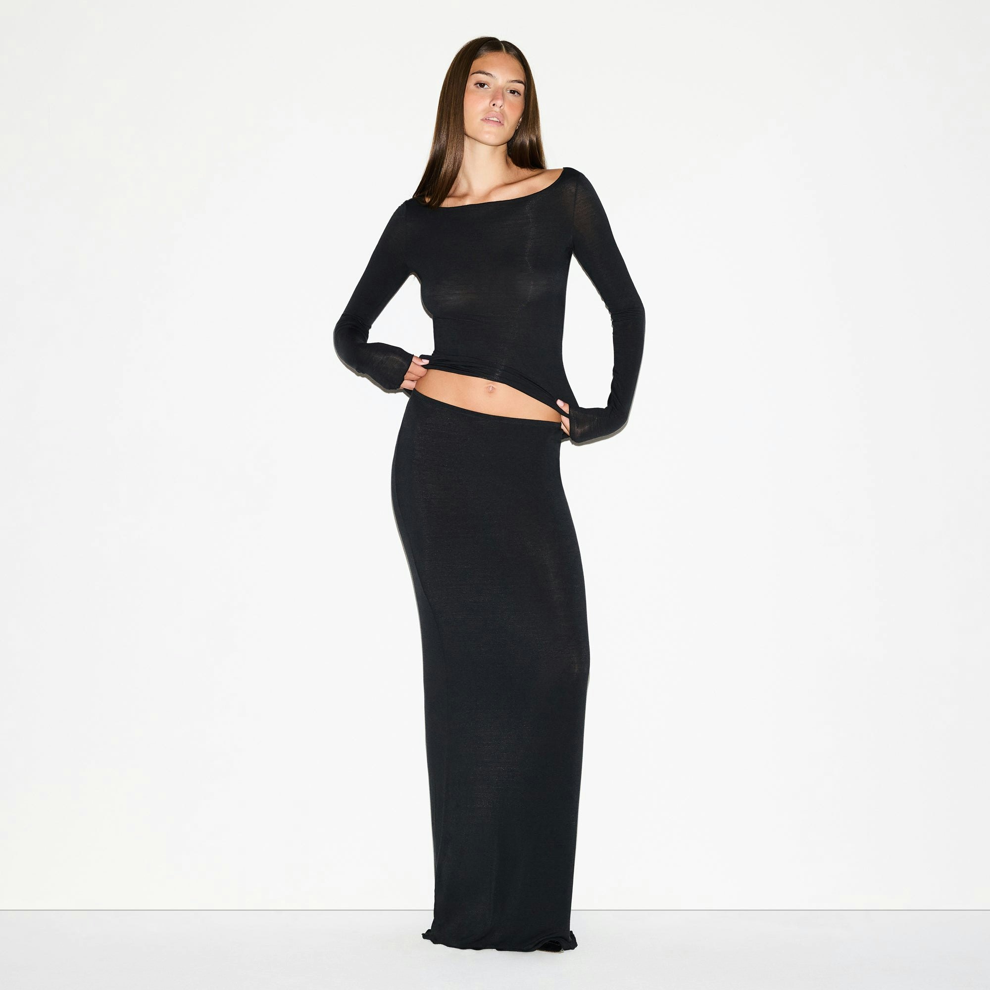 SHEER MODAL LONG SKIRT | ONYX ON A MODEL FRONT VIEW @ | FOCUS: 0.0, 1.0, 0.9