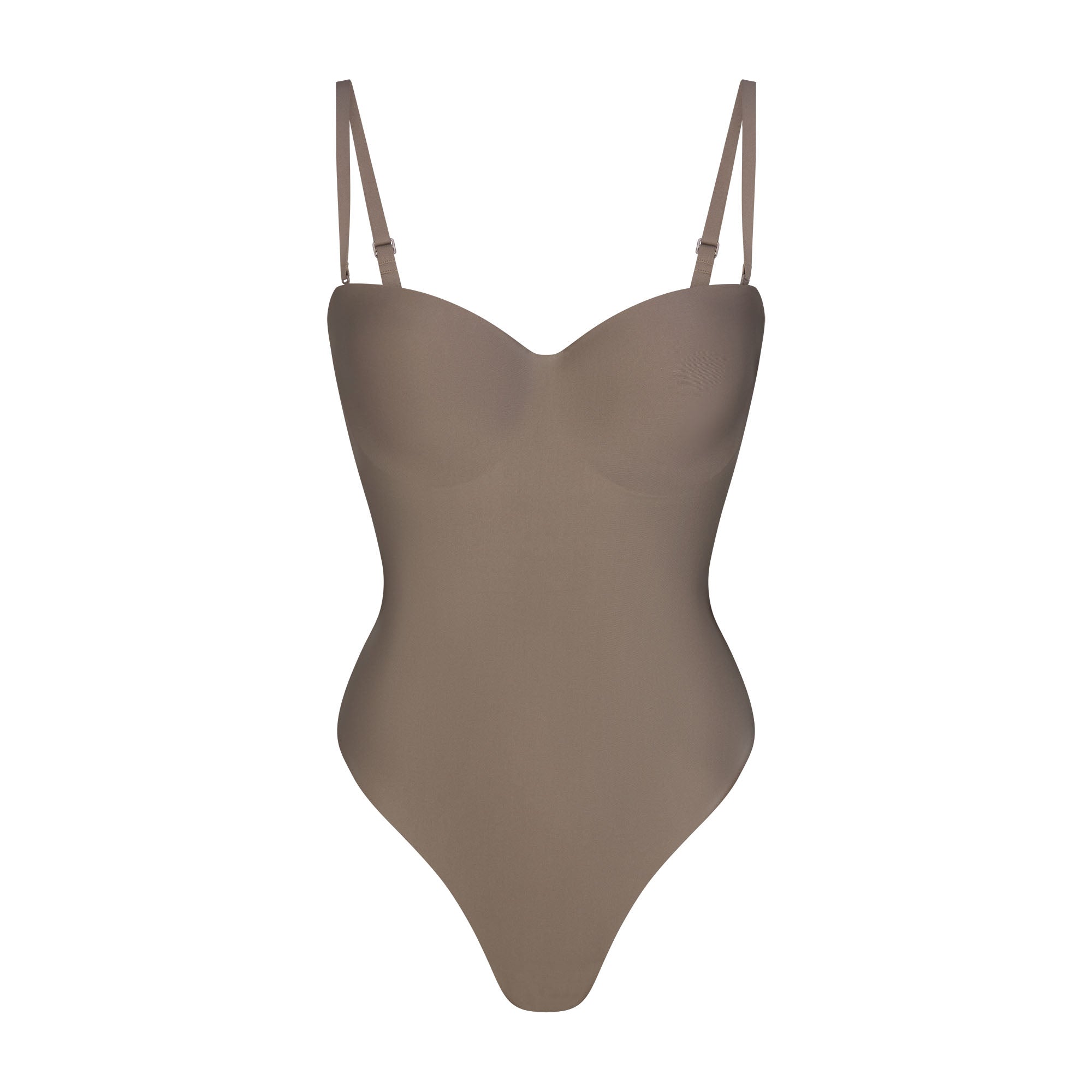 SKIMS BODY UNDERWIRE THONG BODYSUIT | MINK FLAT ON A WHITE BACKGROUND | FLT