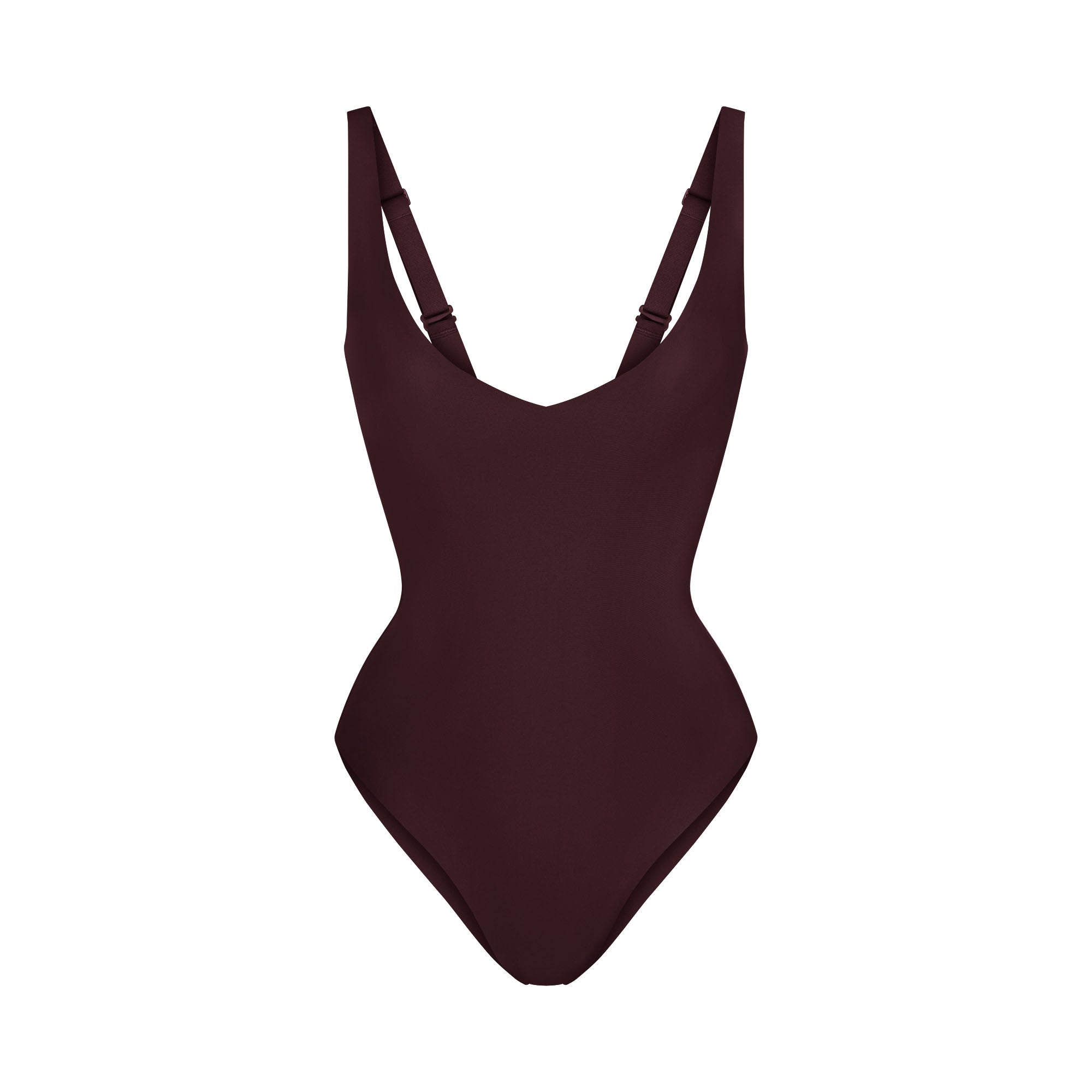 SKIMS BODY UNLINED PLUNGE THONG BODYSUIT | CURRANT FLAT ON A WHITE BACKGROUND | FLT