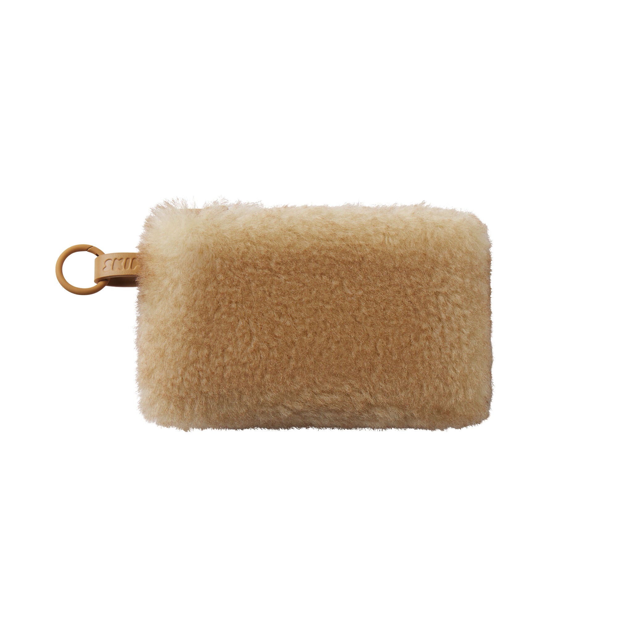 FAUX FUR SMALL POUCH KEYCHAIN | TOASTED LATTE & LAYS FLAT ON A WHITE BACKGROUND | FLT @ | FOCUS: 0.0, 1.0, 0.9