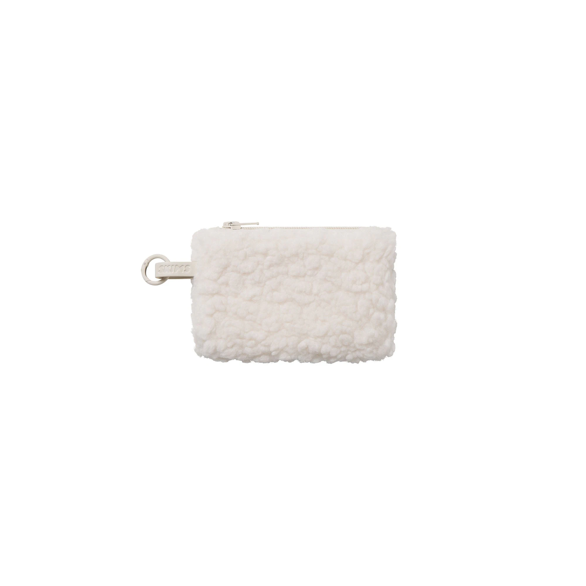 CURLY FAUX SHEARLING SMALL POUCH KEYCHAIN | IVORY & LAYS FLAT ON A WHITE BACKGROUND | FLT