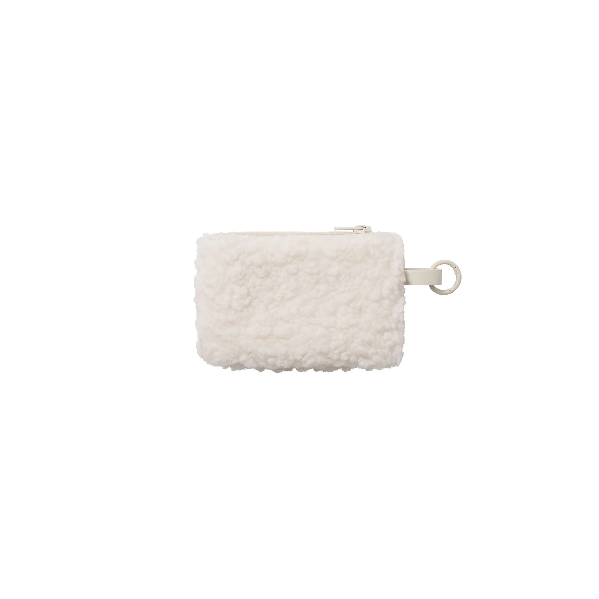 CURLY FAUX SHEARLING SMALL POUCH KEYCHAIN | IVORY & LAYS FLAT ON A WHITE BACKGROUND | FLT