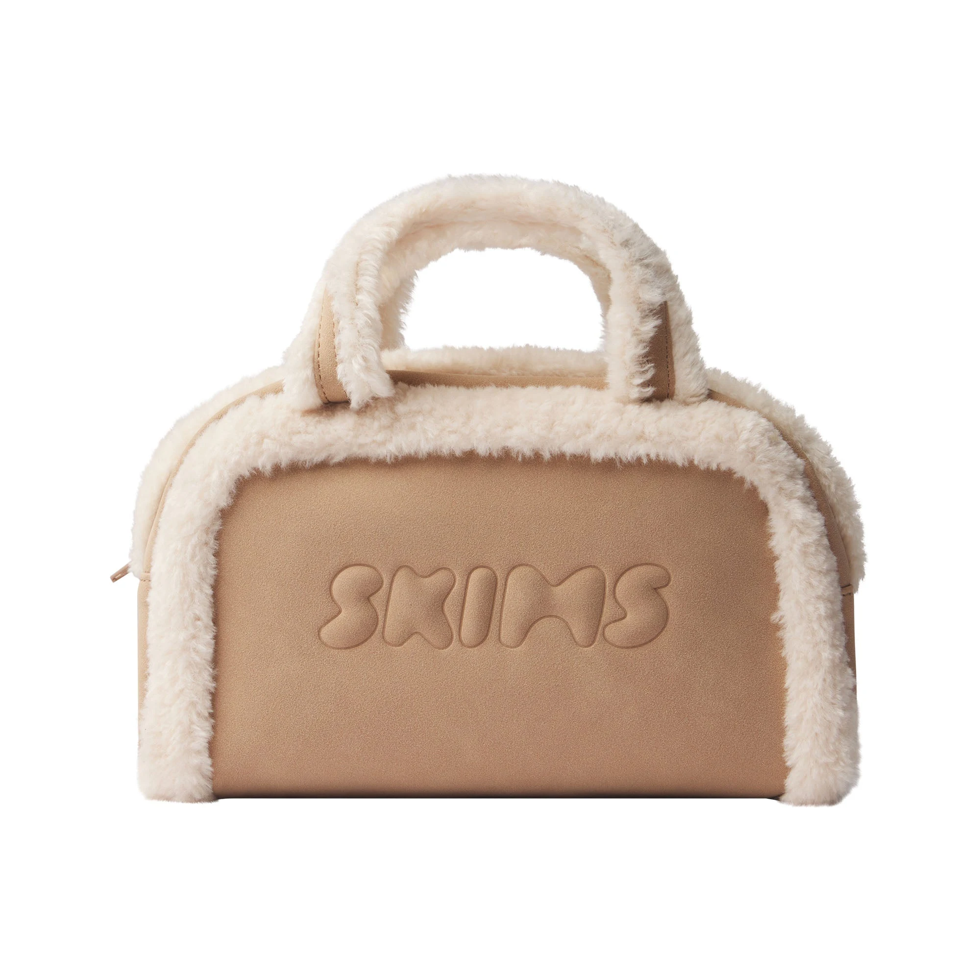 FAUX SHEARLING MINI DUFFLE | CLAY SHERPA & LAYS FLAT ON A WHITE BACKGROUND | FLT