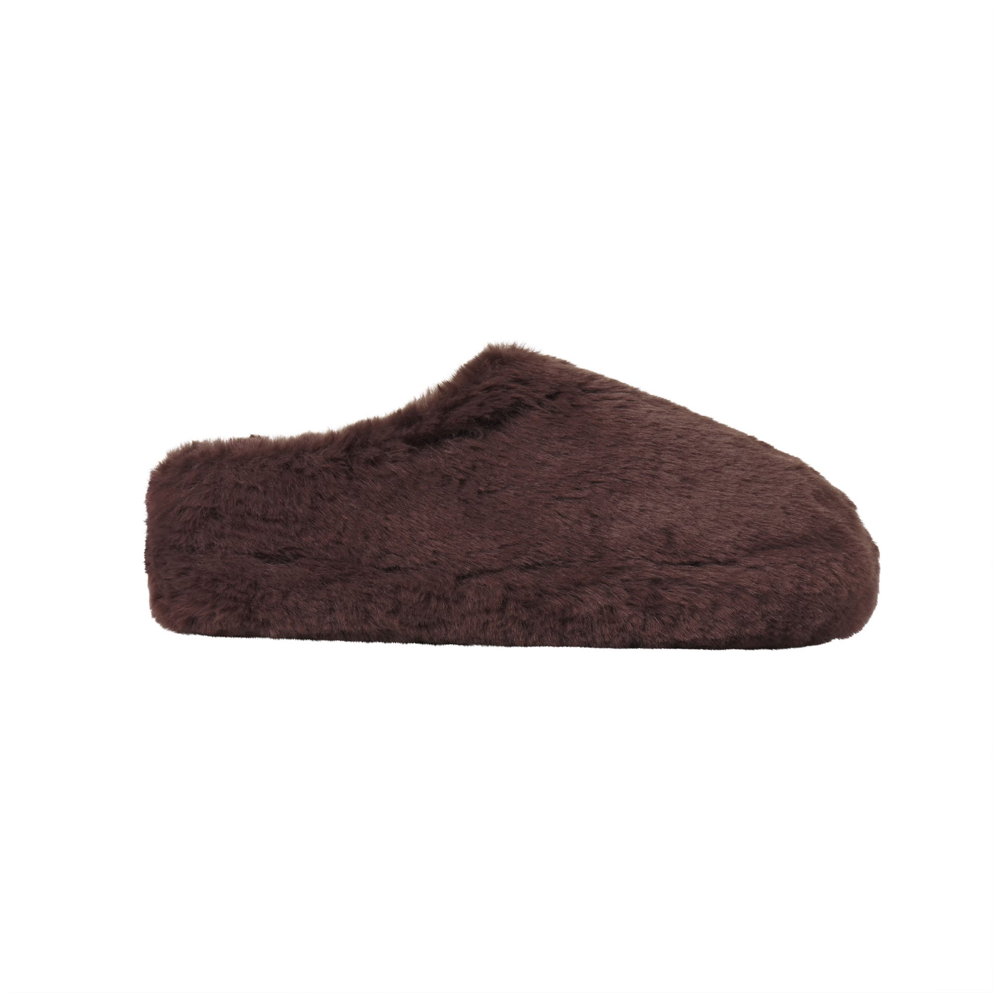 FAUX FUR SLIPPER | ESPRESSO FLAT ON A WHITE BACKGROUND @ | FOCUS: 0.0, 1.0, 0.9