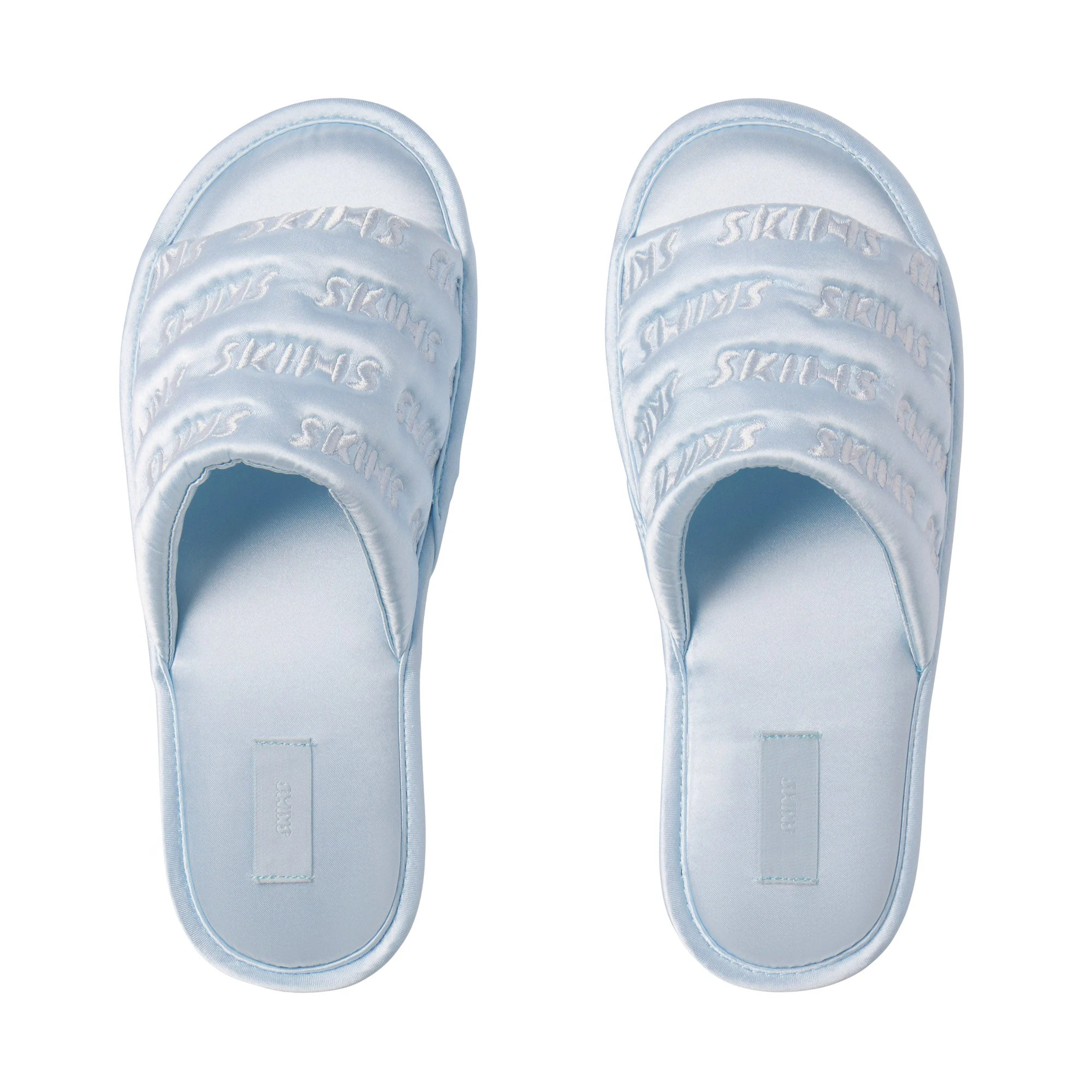 SATIN SLIPPER | CELESTE (SLIPPERS, ACCESSORIES) LAYS FLAT ON A WHITE BACKGROUND | FLT