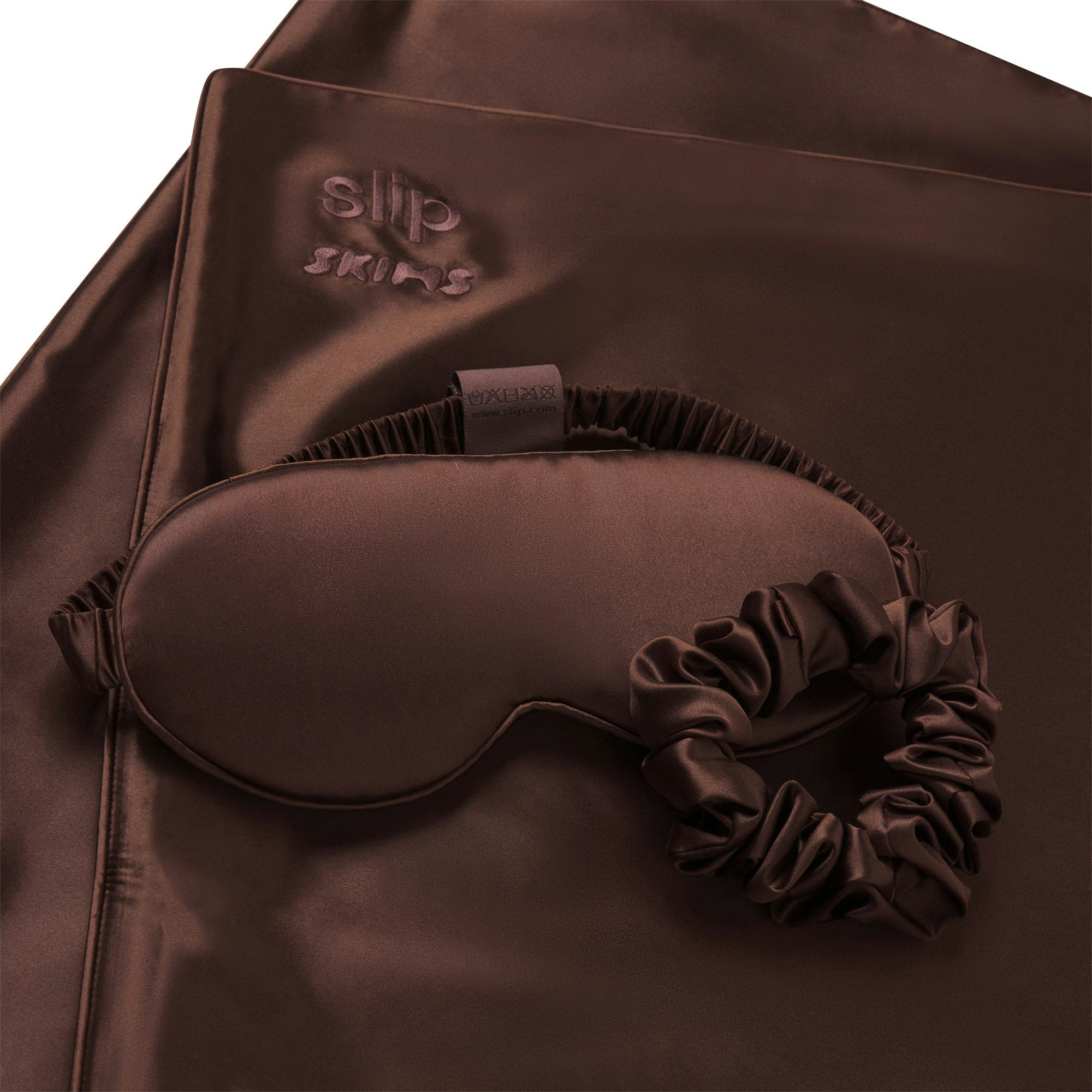 SLIP X SKIMS PURE SILK SIGNATURE GIFT SET | COCOA FLAT ON A WHITE BACKGROUND | FLT