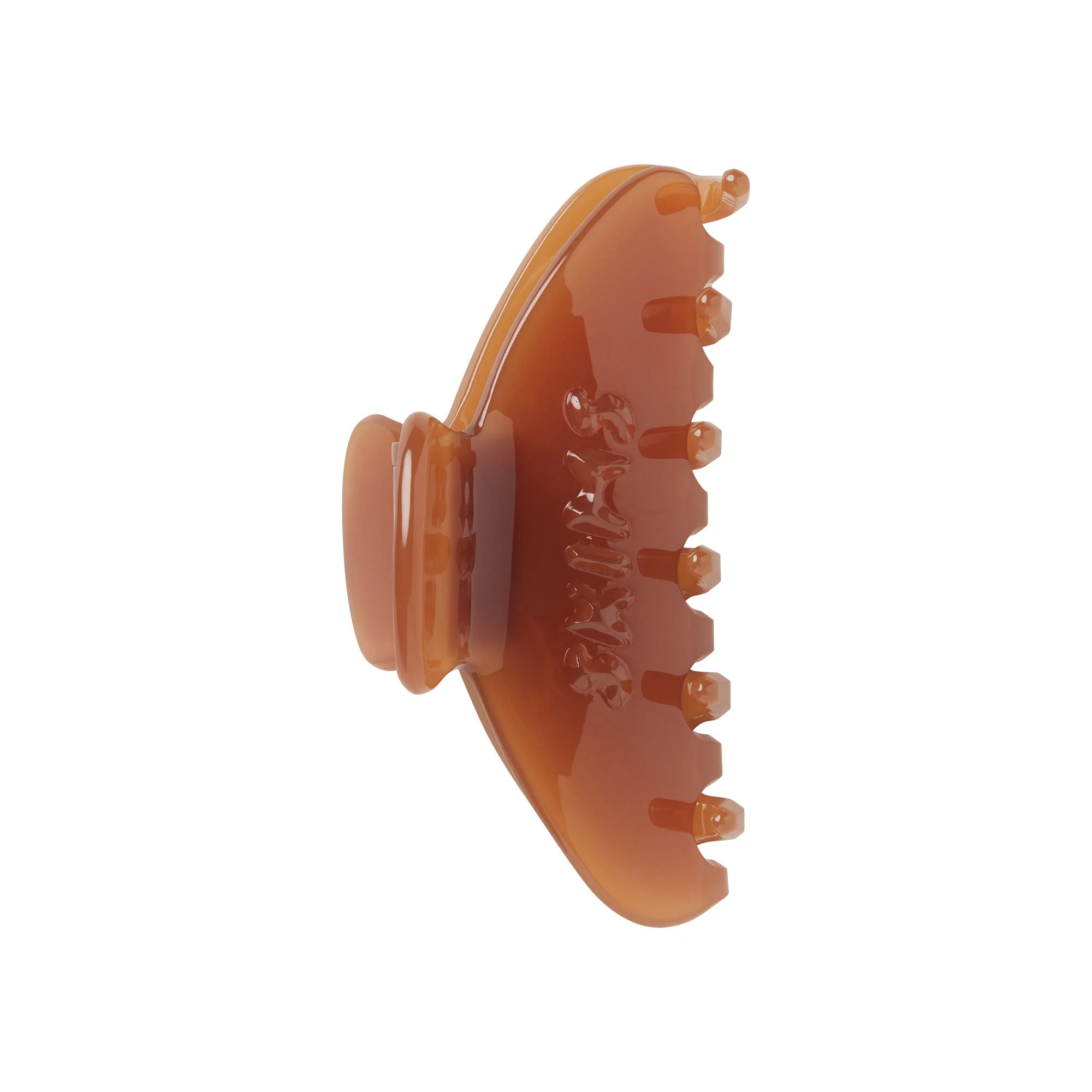 GETTING READY ACCESSORIES EMBOSSED LOGO MINI CLAW CLIP | ALMOND LAYS FLAT ON A WHITE BACKGROUND | FLT 