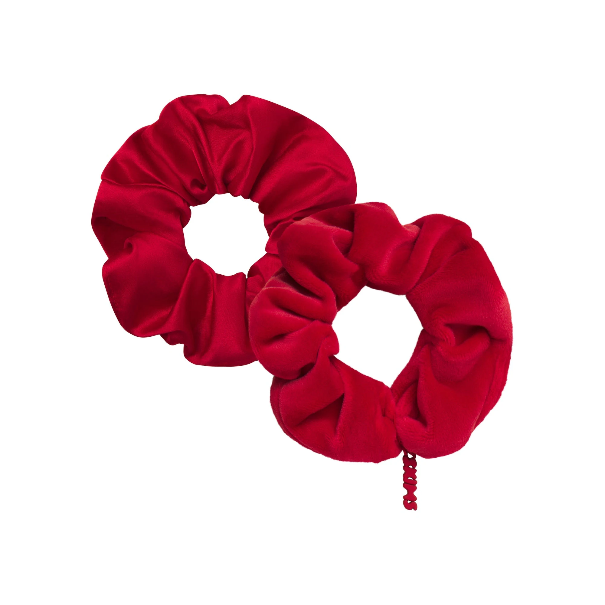 GETTING READY ACCESSORIES SATIN AND VELOUR SCRUNCHIE 2-PACK | CRANBERRY FLAT ON A WHITE BACKGROUND | FLT