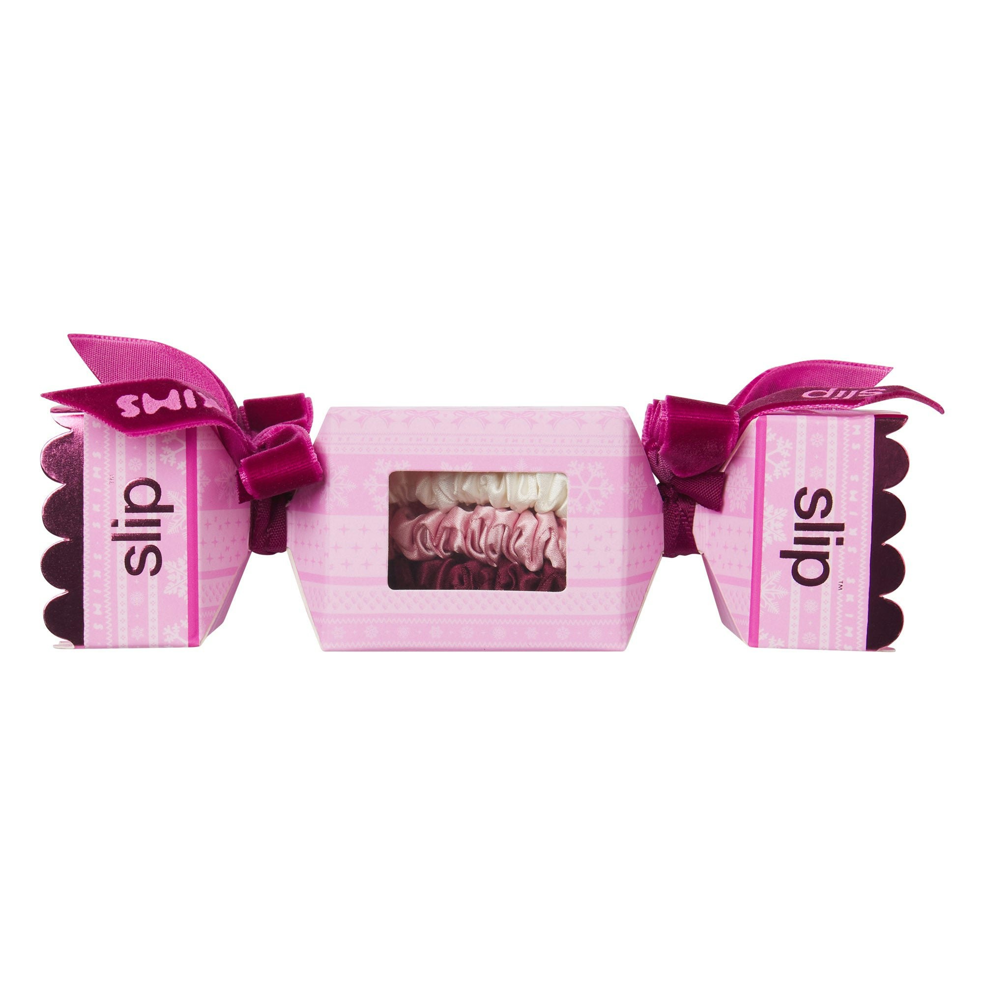 SLIP X SKIMS PURE SILK SKINNY SCRUNCHIE 3-PACK | BUBBLE GUM BOW FAIR ISLE FLAT ON A WHITE BACKGROUND | FLT @ | FOCUS: 0.9, 0.1, 0.7