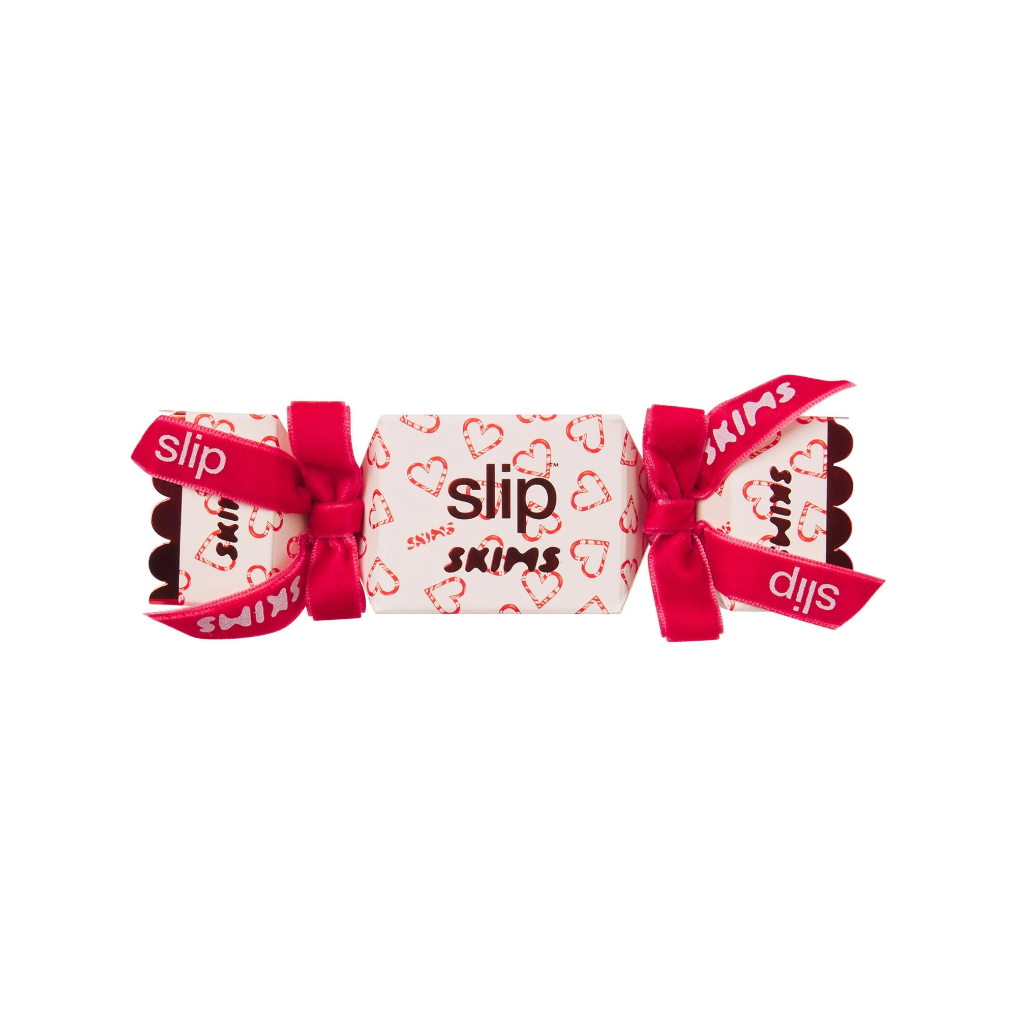 SLIP X SKIMS PURE SILK SKINNY SCRUNCHIE 3-PACK | CHERRY BLOSSOM CANDY HEART PRINT FLAT ON A WHITE BACKGROUND | FLT @ | FOCUS: 0.9, 0.1, 0.7