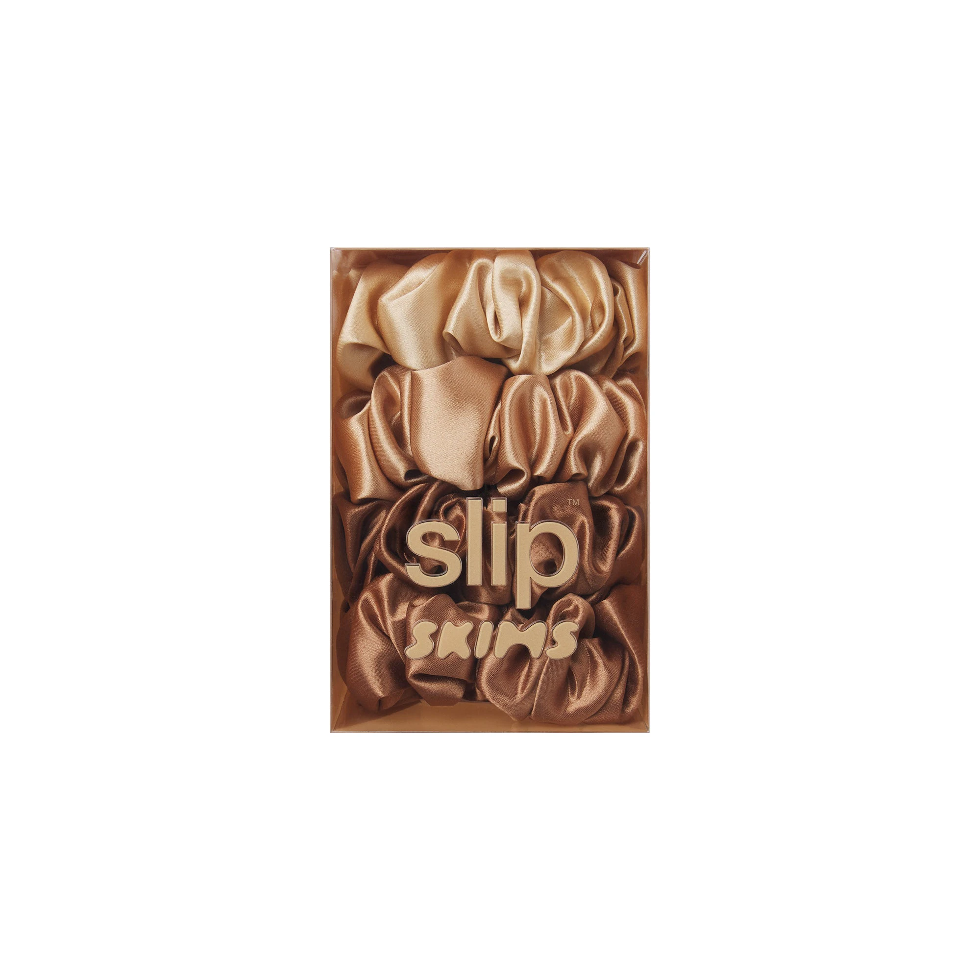 SLIP X SKIMS PURE SILK LARGE SCRUNCHIES 4-PACK | FAIR FLAT ON A WHITE BACKGROUND | FLT @ | FOCUS: 0.9, 0.1, 0.7