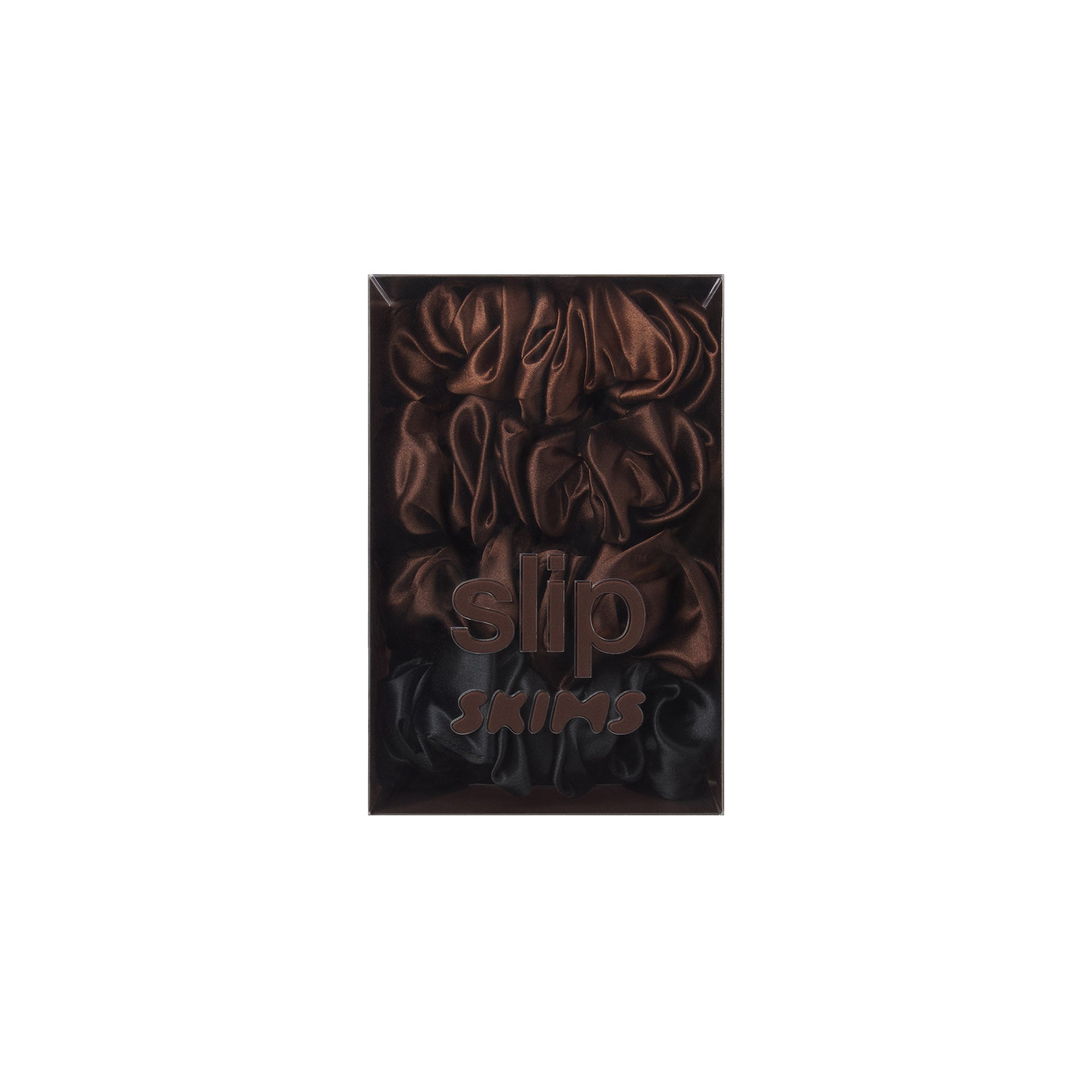 SLIP X SKIMS PURE SILK LARGE SCRUNCHIES 4-PACK | DEEP FLAT ON A WHITE BACKGROUND | FLT @ | FOCUS: 0.9, 0.1, 0.7