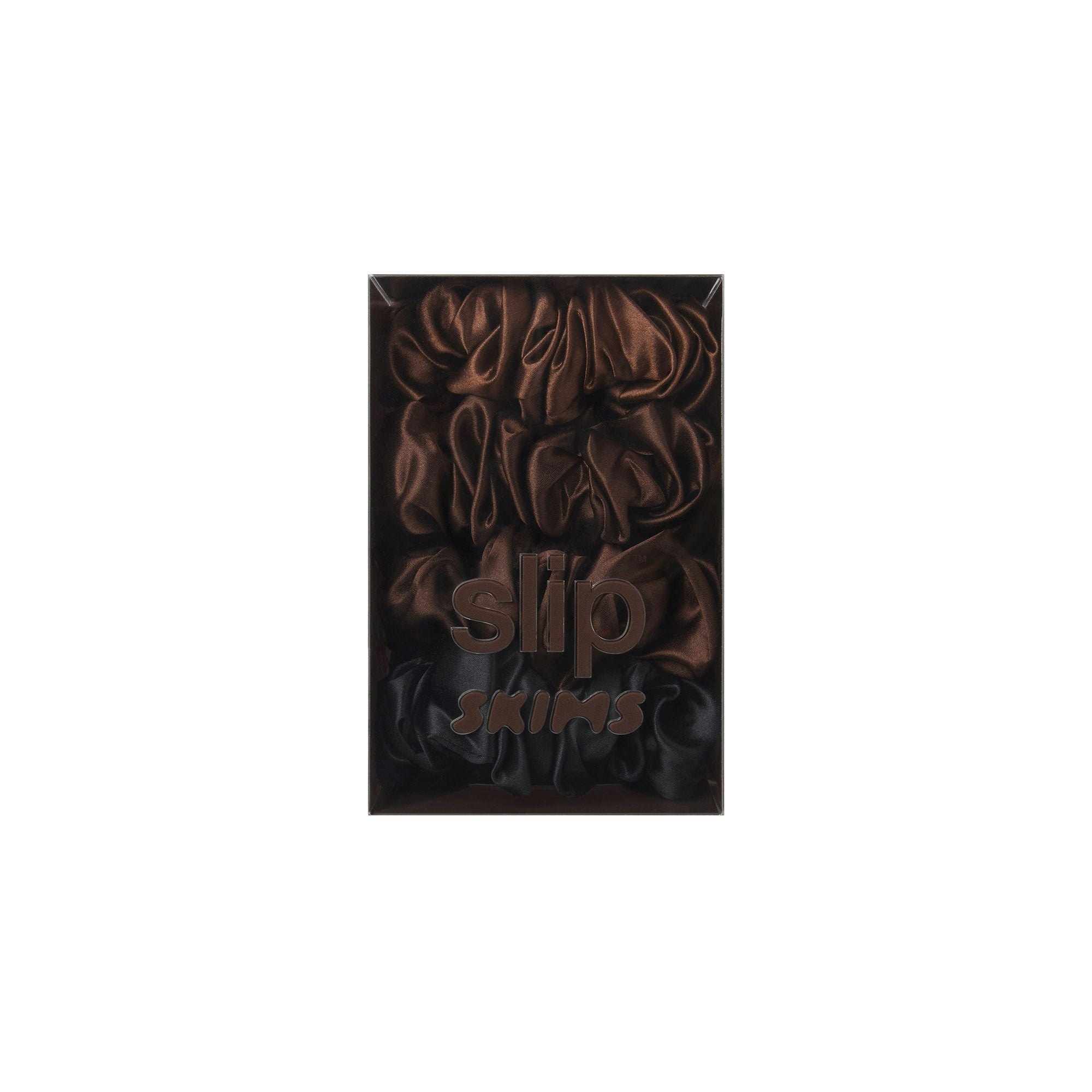 SLIP X SKIMS PURE SILK LARGE SCRUNCHIES 4-PACK | DEEP FLAT ON A WHITE BACKGROUND | FLT @ | FOCUS: 0.9, 0.1, 0.7