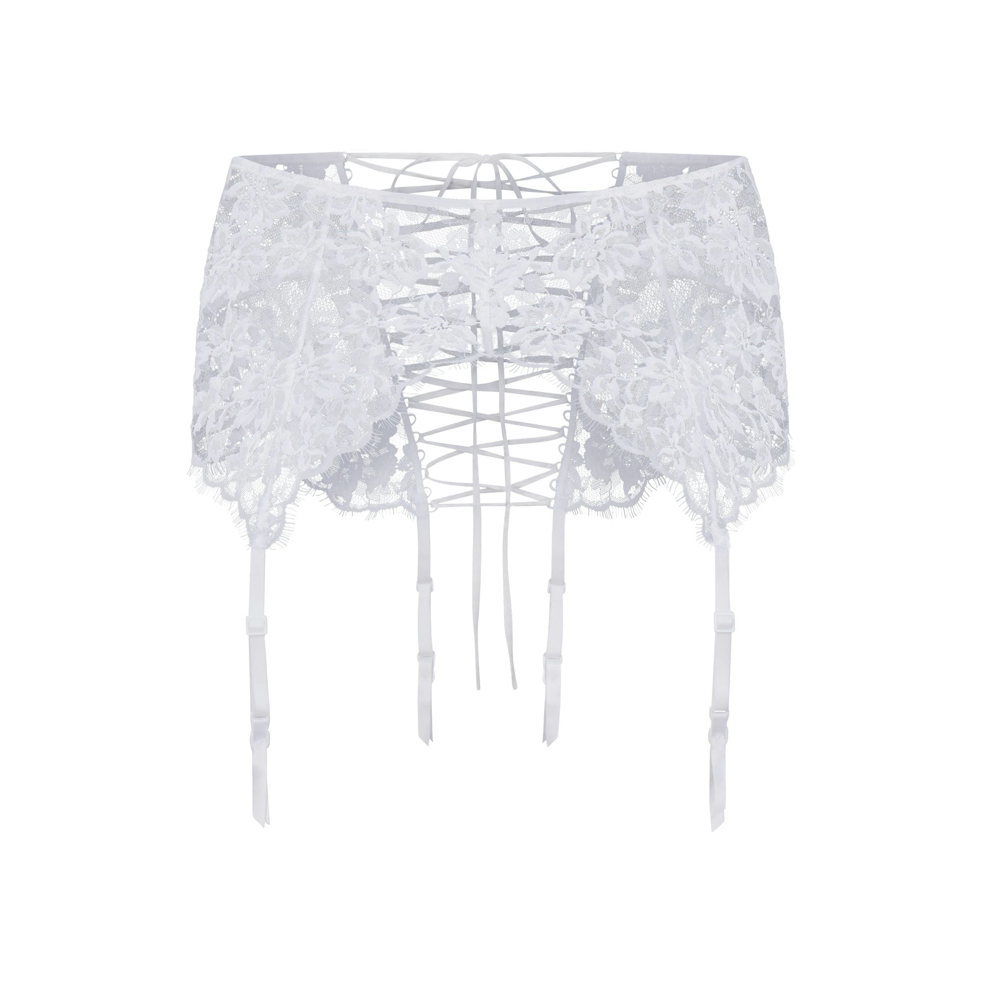 SKIMS LACE GARTER SKIRT | SNOW FLAT ON A WHITE BACKGROUND | FLT