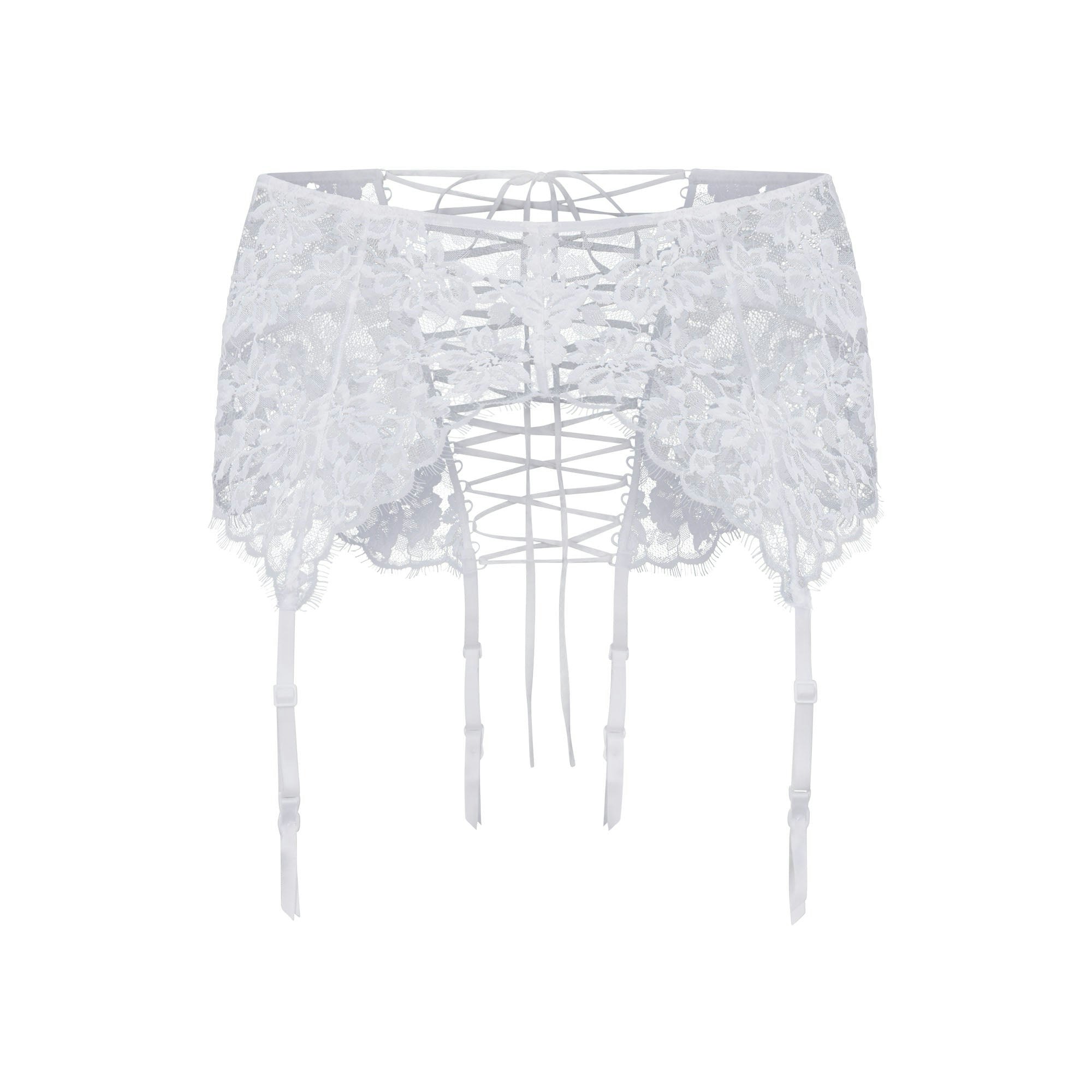 SKIMS LACE GARTER SKIRT | SNOW FLAT ON A WHITE BACKGROUND | FLT