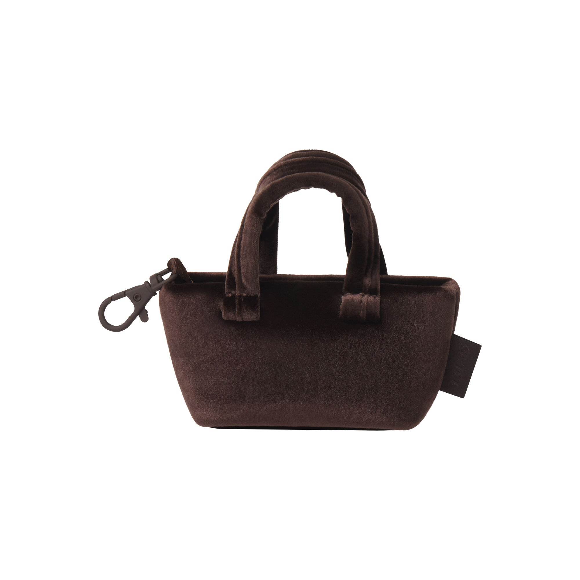 VELOUR MICRO TOTE KEYCHAIN | ESPRESSO & LAYS FLAT ON A WHITE BACKGROUND | FLT