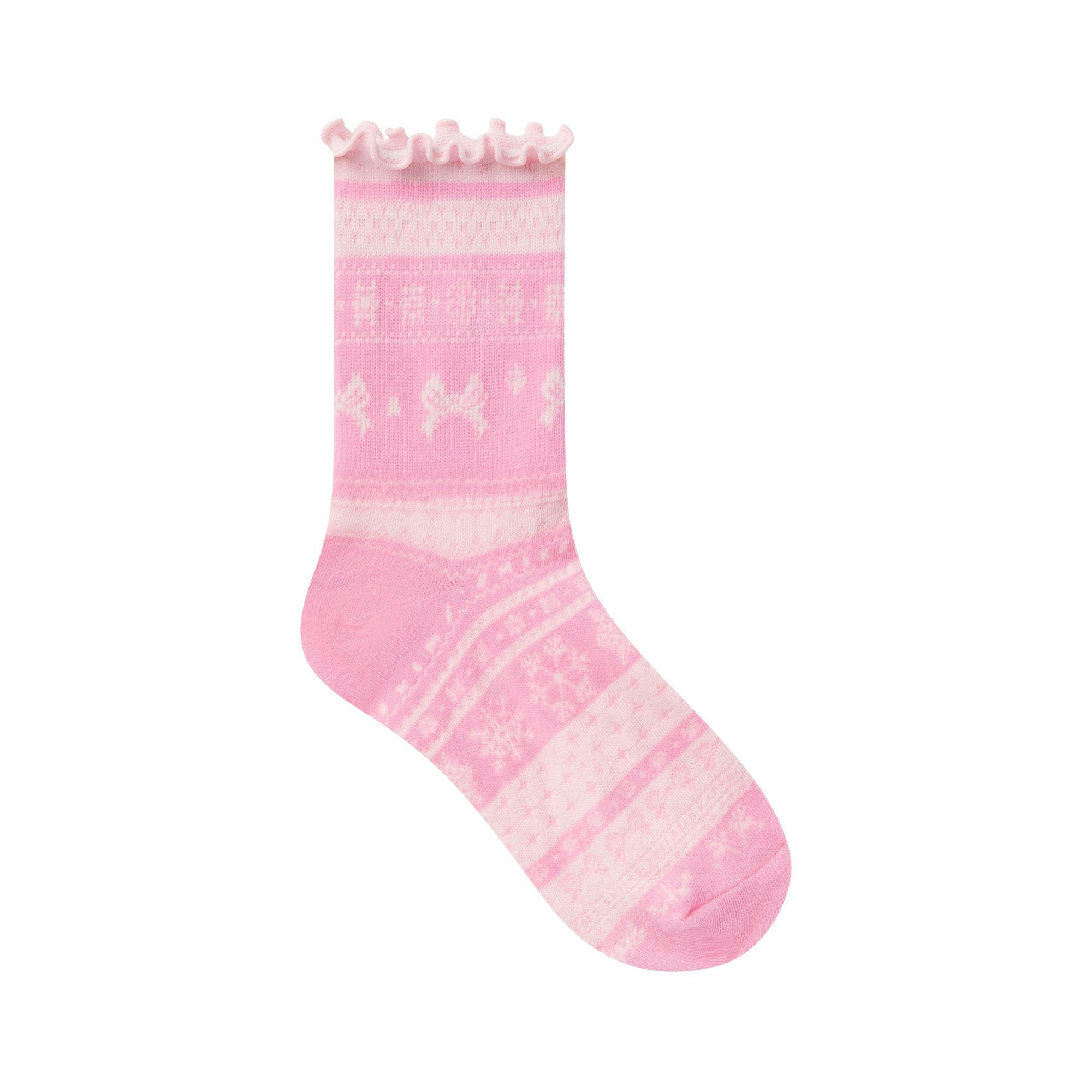 LETTUCE EDGE QUARTER CREW SOCK | BUBBLE GUM BOW FAIR ISLE FLAT ON A WHITE BACKGROUND | FLT