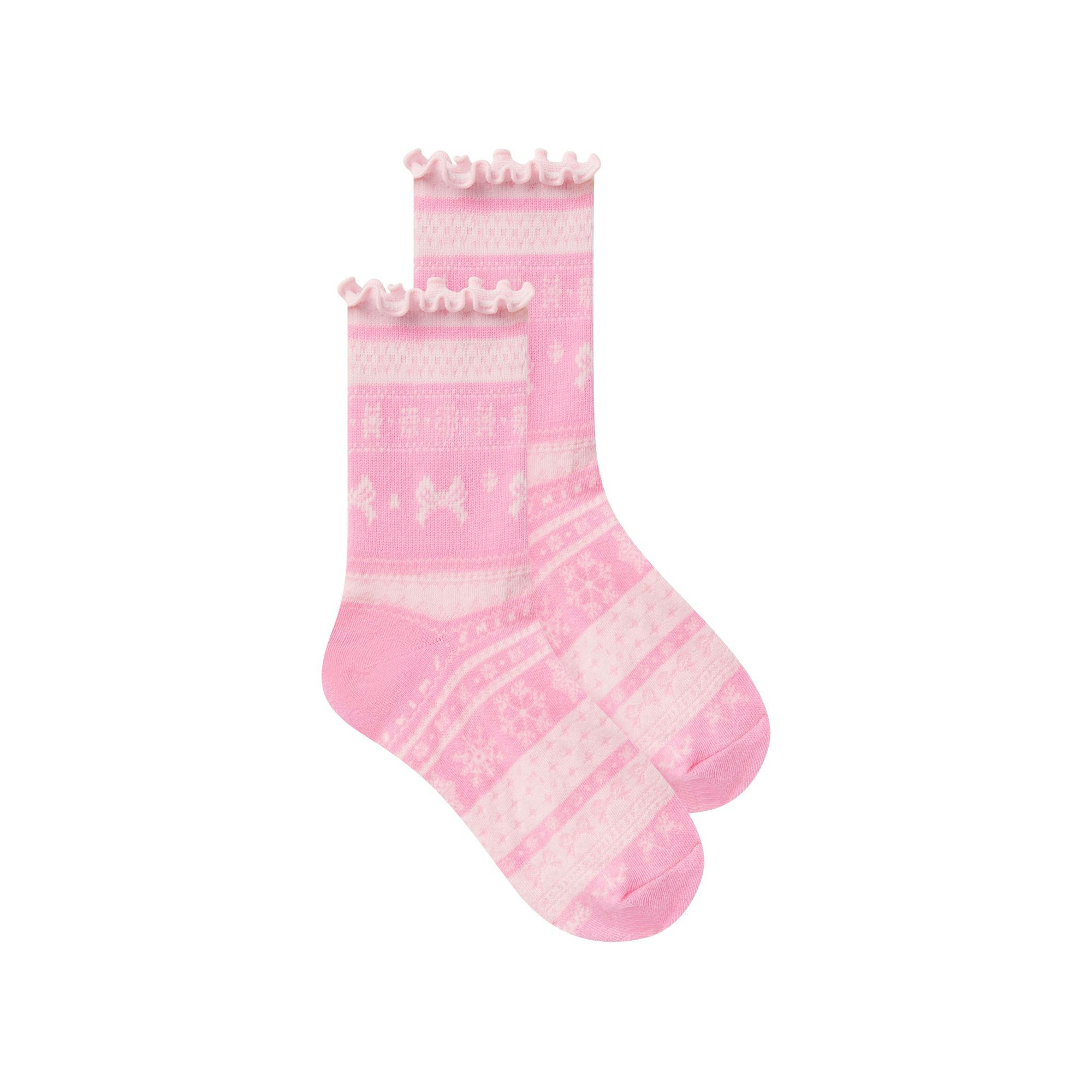 LETTUCE EDGE QUARTER CREW SOCK | BUBBLE GUM BOW FAIR ISLE FLAT ON A WHITE BACKGROUND | FLT